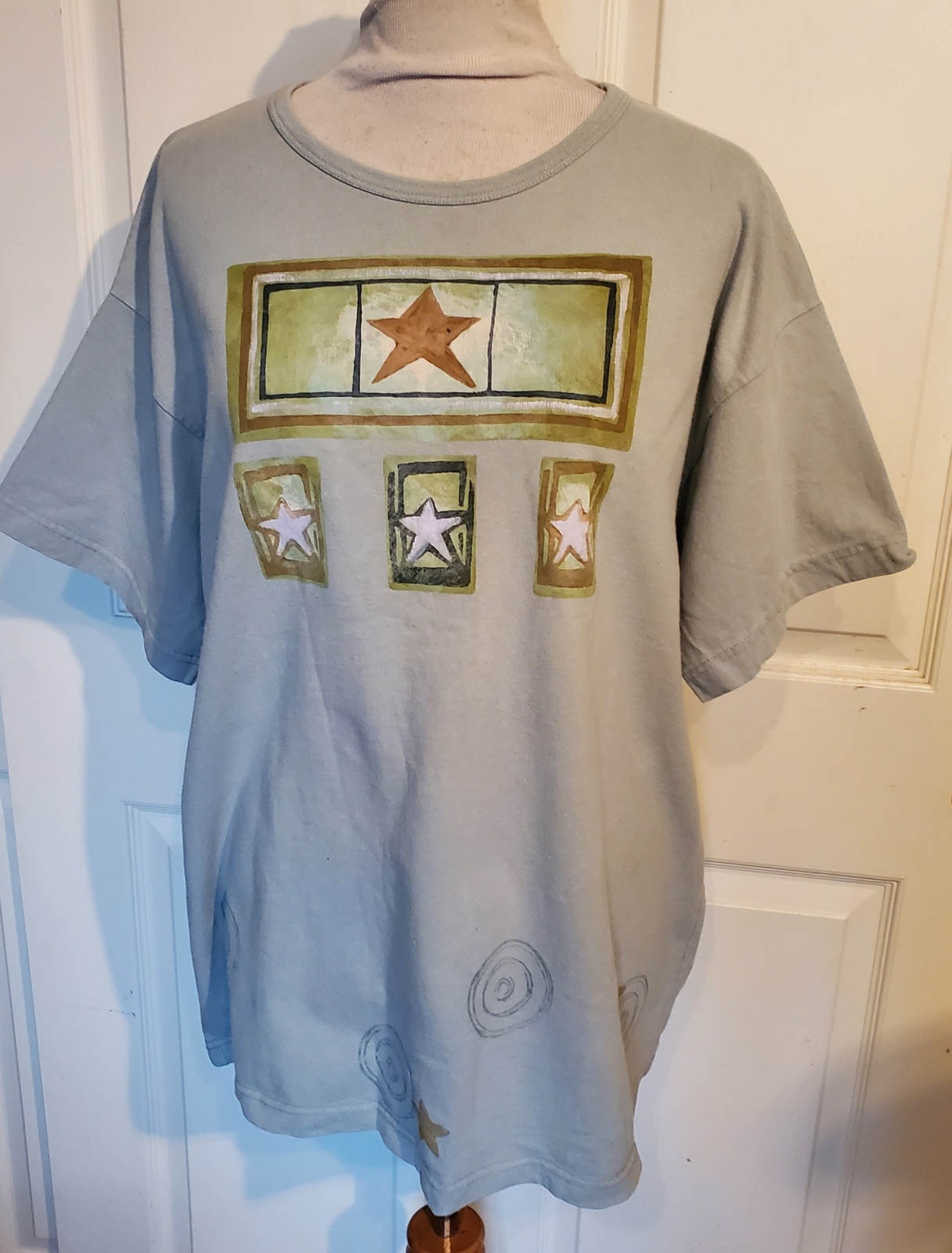 Vintage Blue Fish Sage Green Cotton T Shirt Star Pattern B46