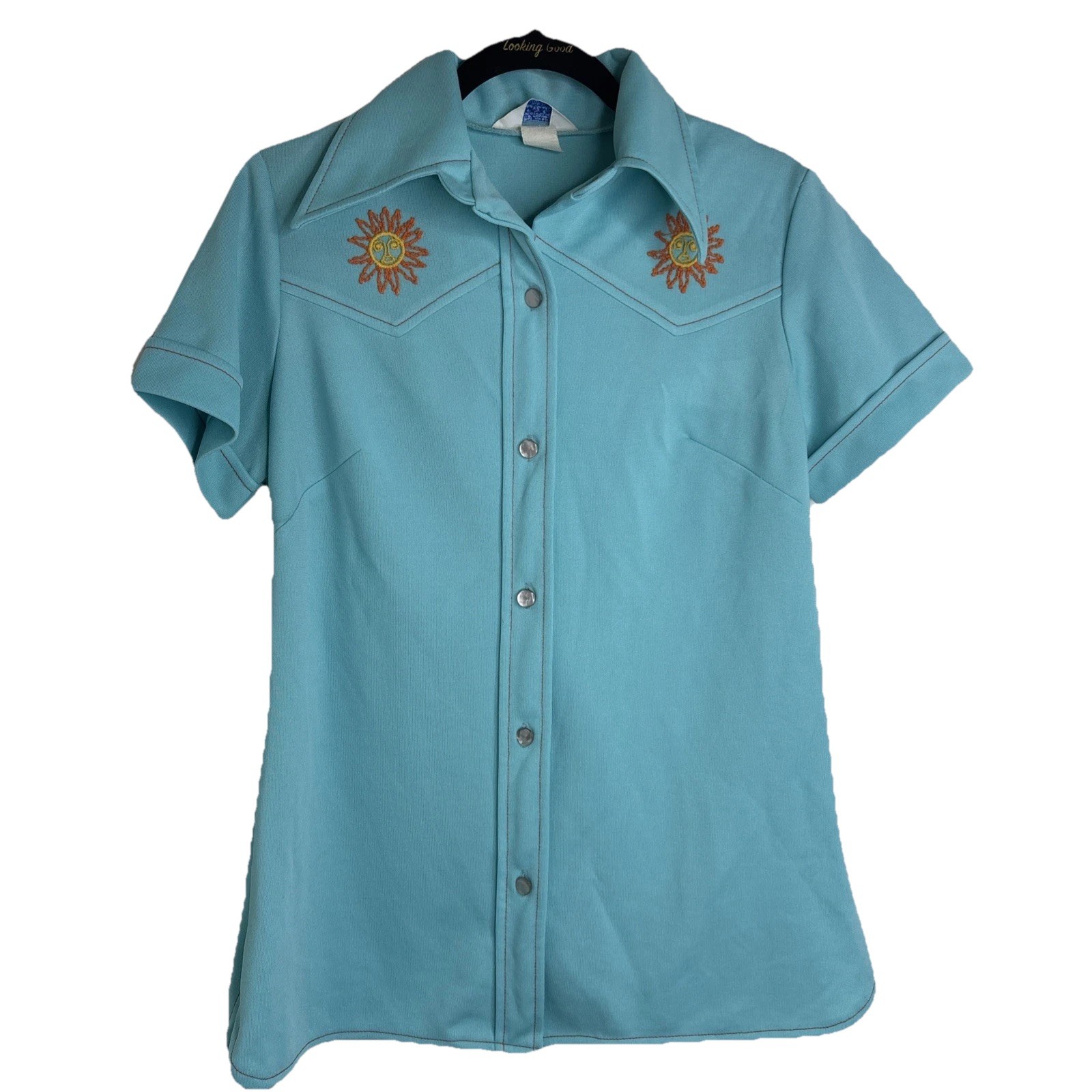 Vintage Sears Fashions Embroidered Shirt, 1960’s, Aqua, Womens Size Medium