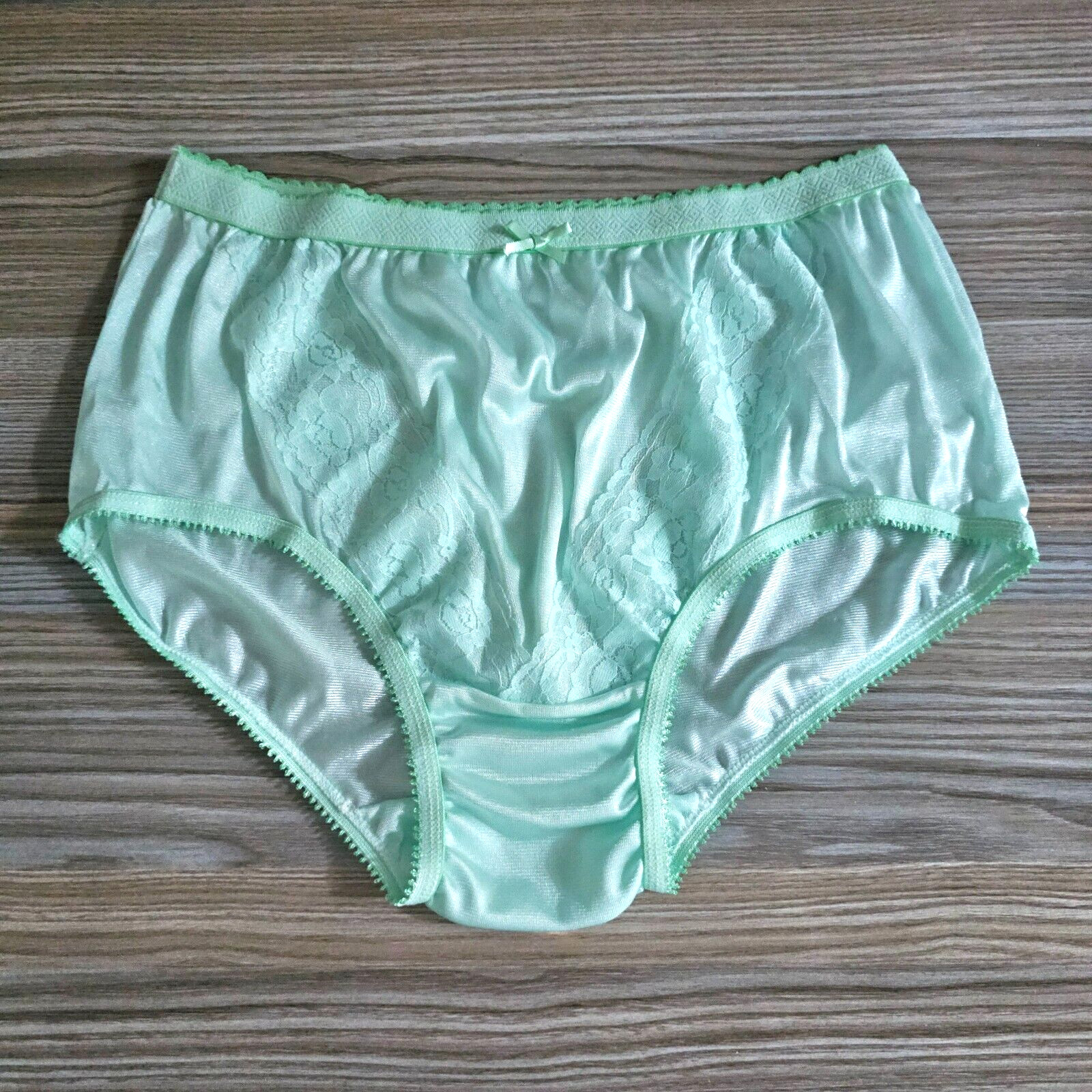 Vintage Slippery Nylon Panty Silky Green Sissy Lace Sheer Brief Sz. 7 Hip 38-41″
