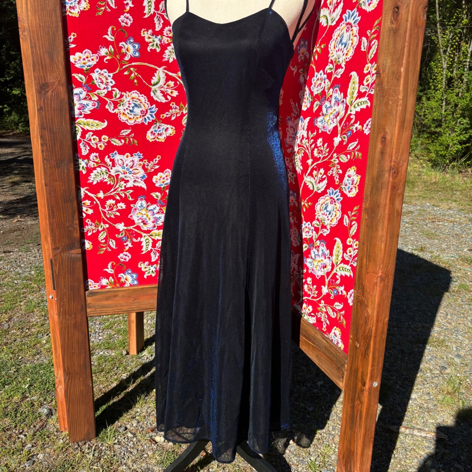 VTG Black+Blue Iridescent Whimsigoth Formal Wedding Guest Maxi Dress Size S