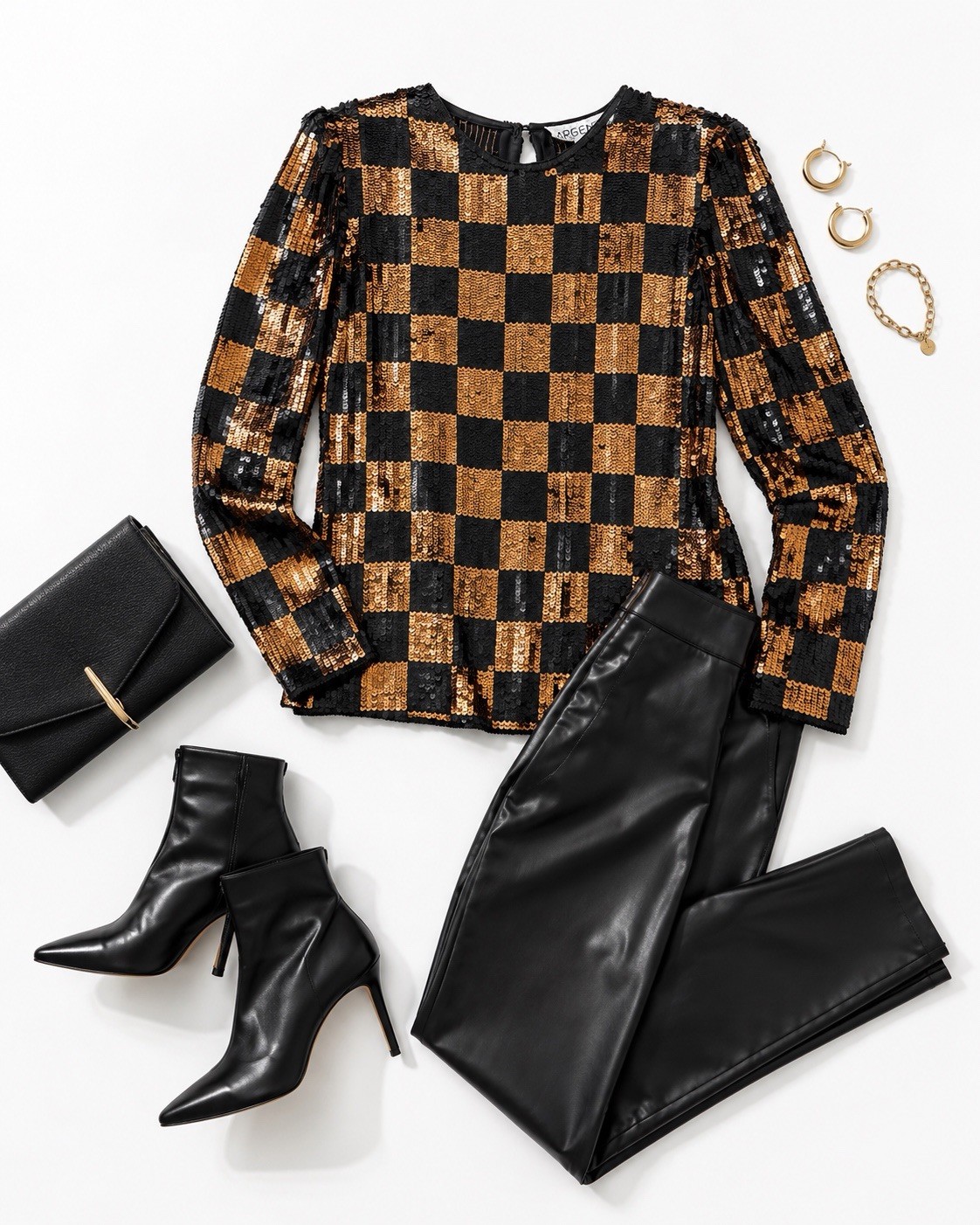 Vintage Silk Black Gold Copper Checkerboard Sequin Blouse Argenti Notte Medium