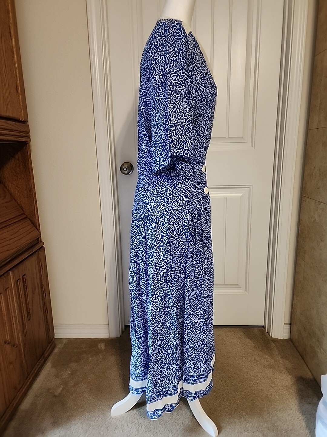 Blue And White 60s Mod Vintage Maxi Dress Fit And Flare Size X-Small/Small