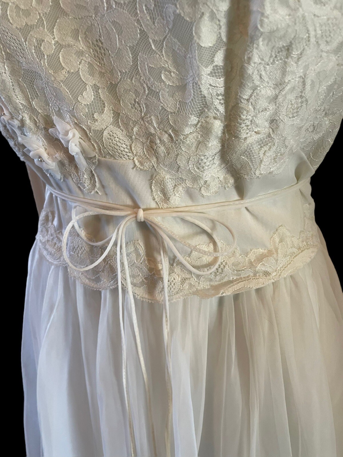 Vintage 50’s Shadowline Nylon Chiffon Lace Nightgown Bridal 32 Ivory Belt Waist