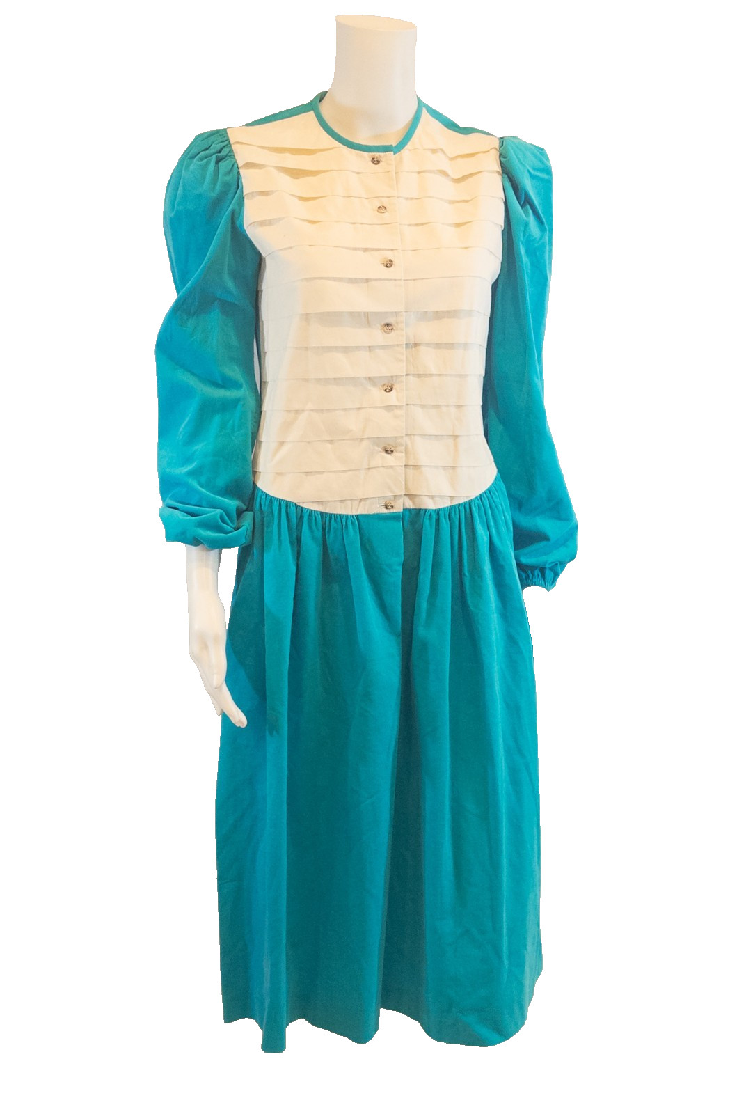 Vintage Kathryn Conover Turquoise Corduroy and White Cotton Pleated Bodice – 8