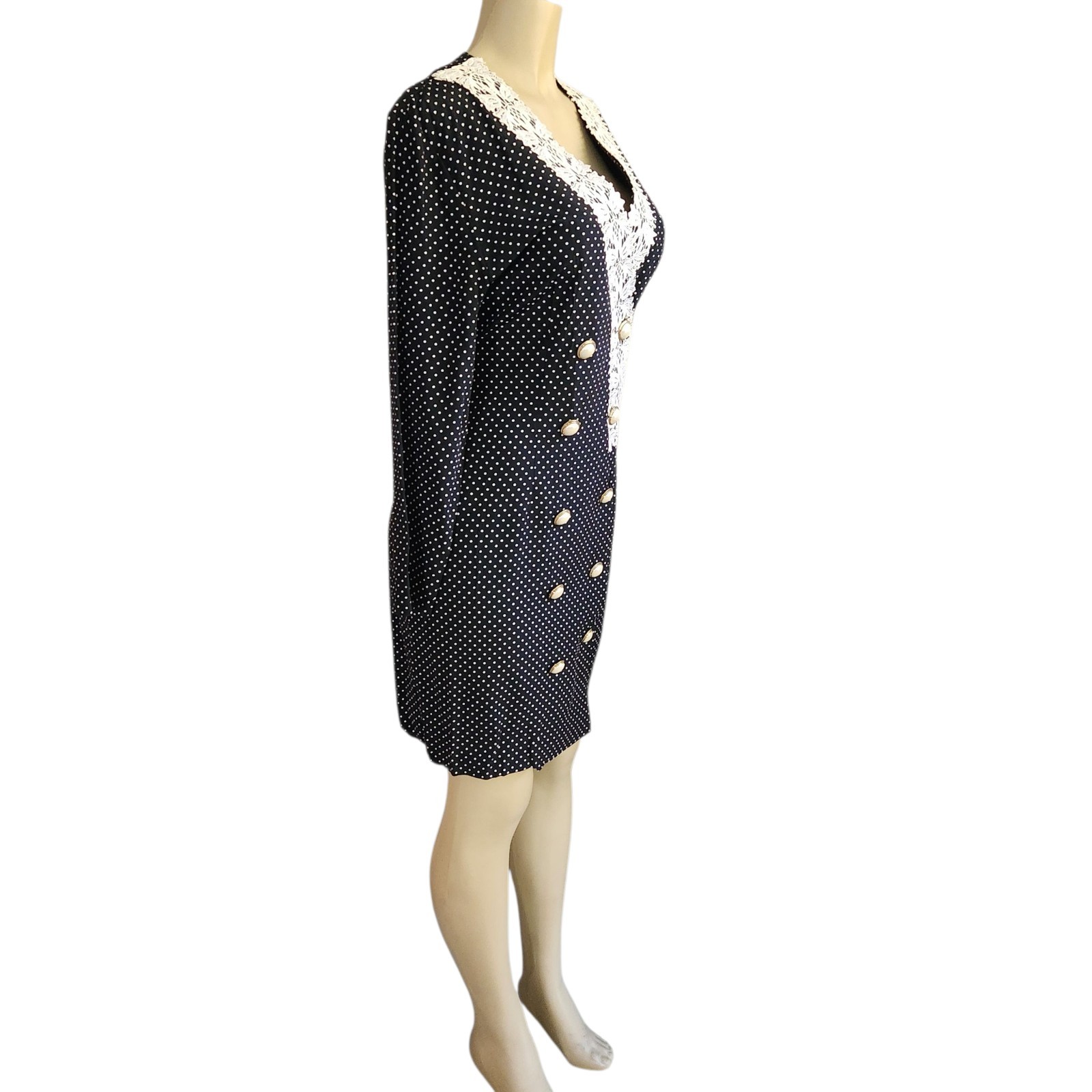 Vintage 70s Black Polka Dot Blazer Dress Sz 13 Double Breasted Office Retro