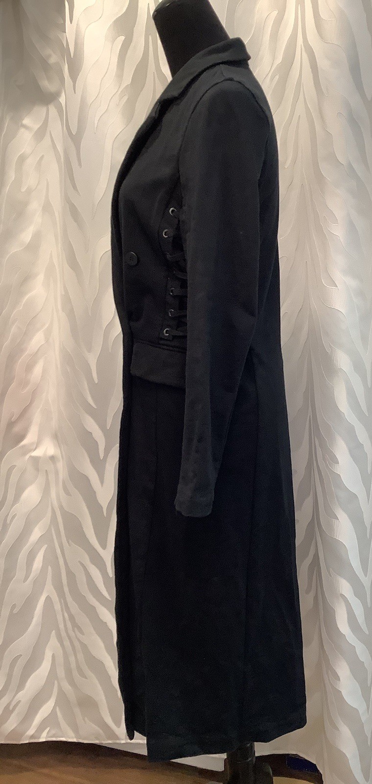 Black Corset Lace Up Sides Split Sleeves Dbl. Breasted Long Goth Coat S/M