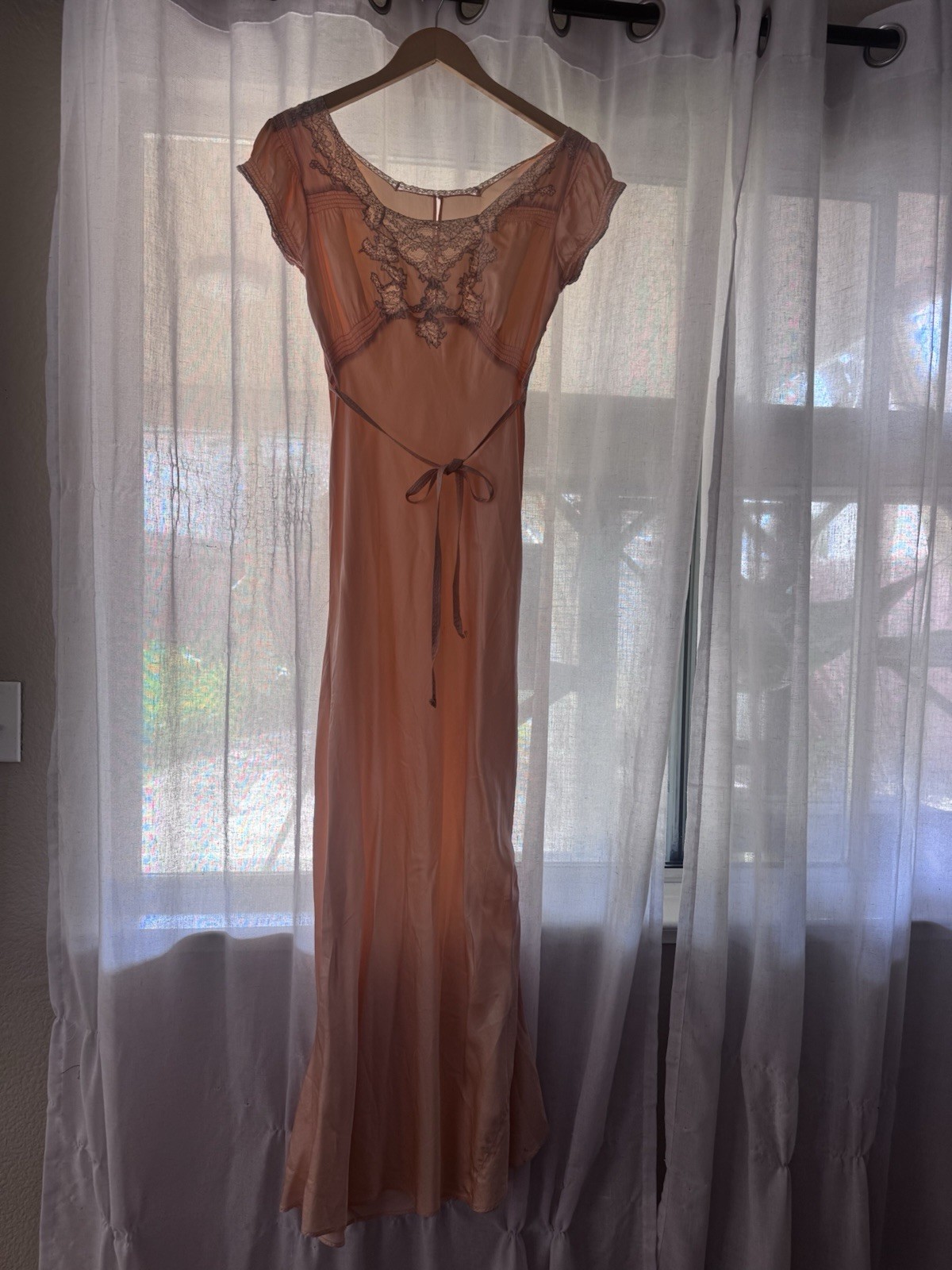 1930s Silk Lace Bias Cut Gown – Peach Blush Sheer Evening Dress Nightgown