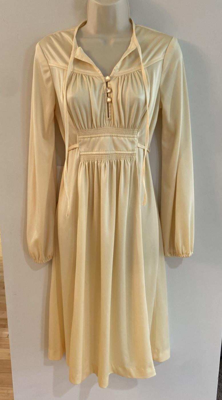 True Vintage 1970s Disco Career Dress Cream/Yellow Tie Belt Sz S?