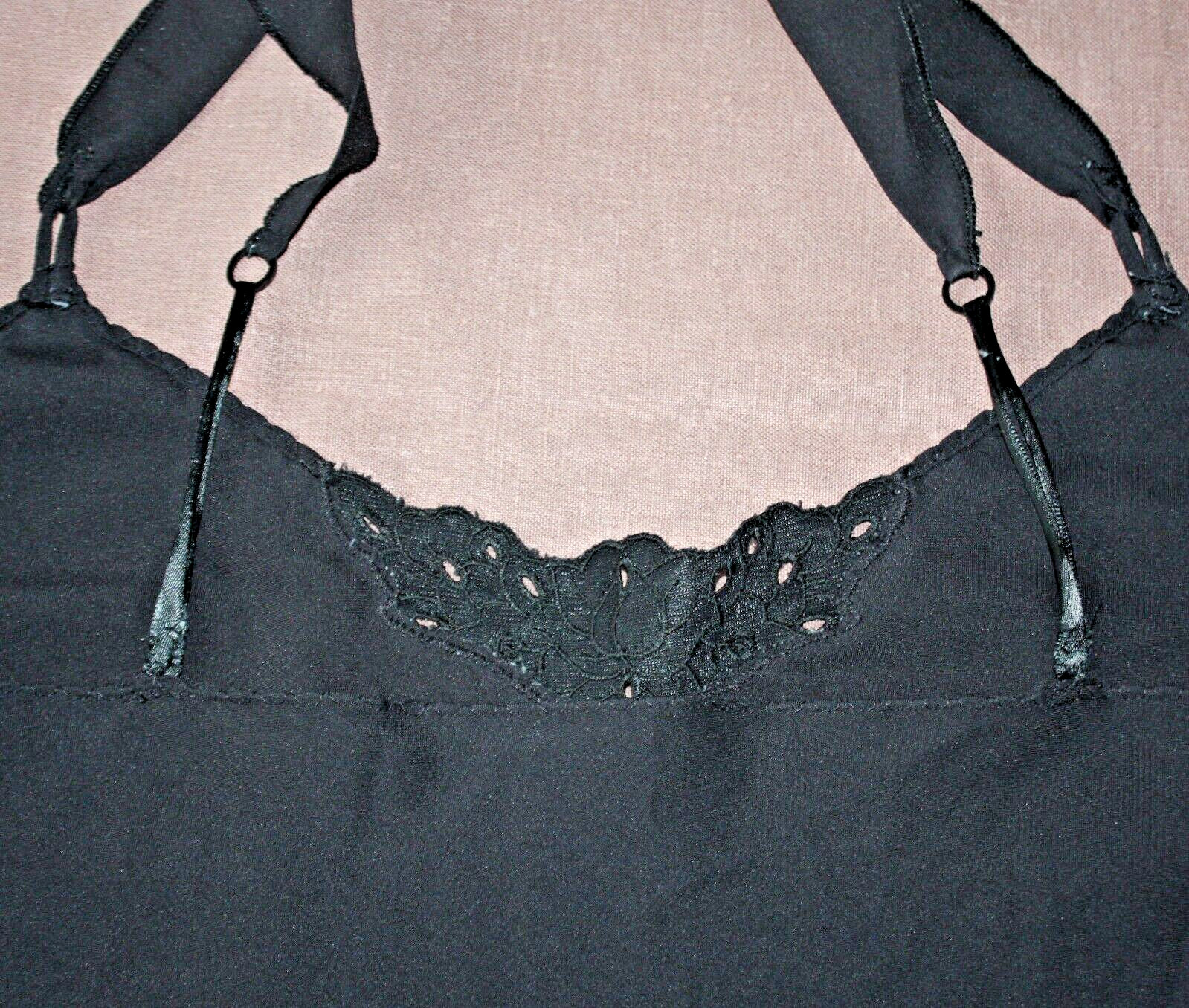 Elegant Vintage Embroidered Black Nylon Dress Slip Nightgown Lingerie Size 36
