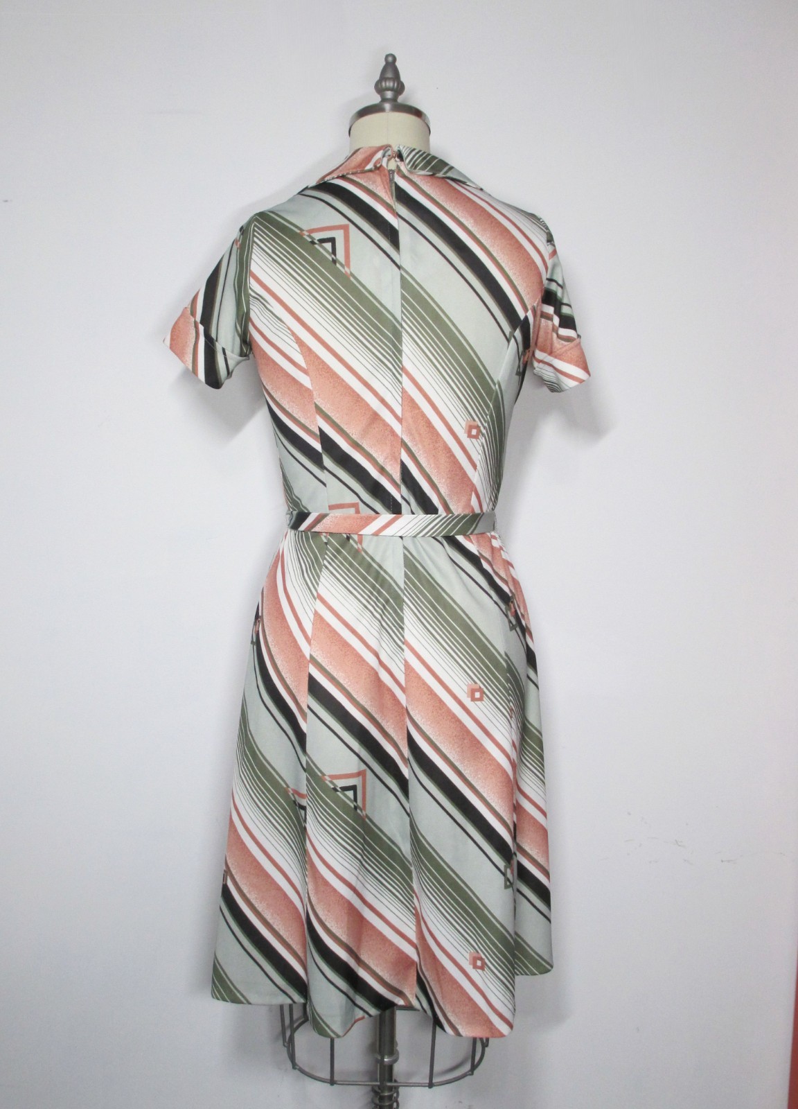 Vintage 70s Polyester A-line Dress, Olive, Pink& Black, Nice, Size M