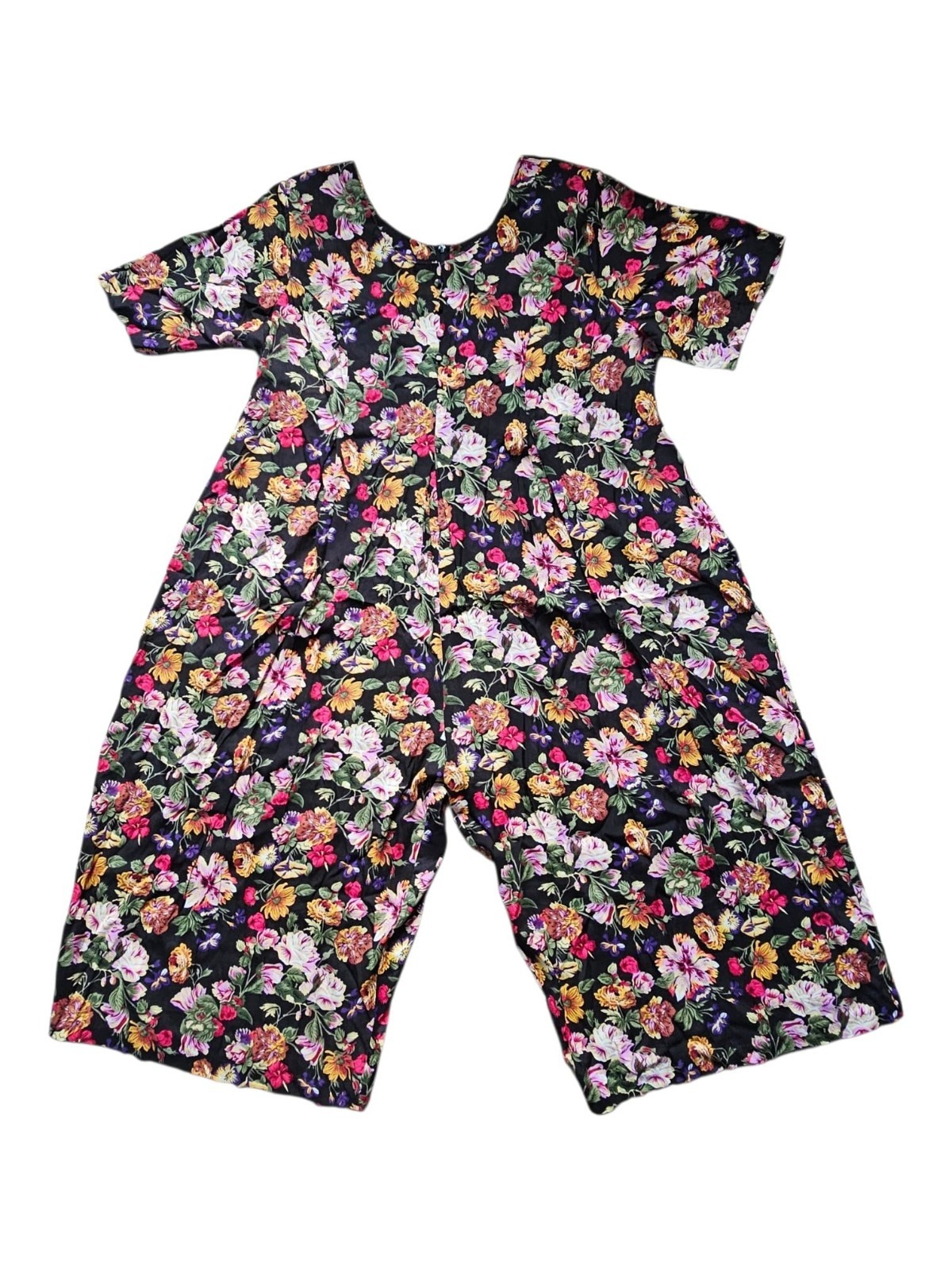80s – 90s Kathryn Deene short-sleeve rayon floral wide-leg palazzo jumpsuit