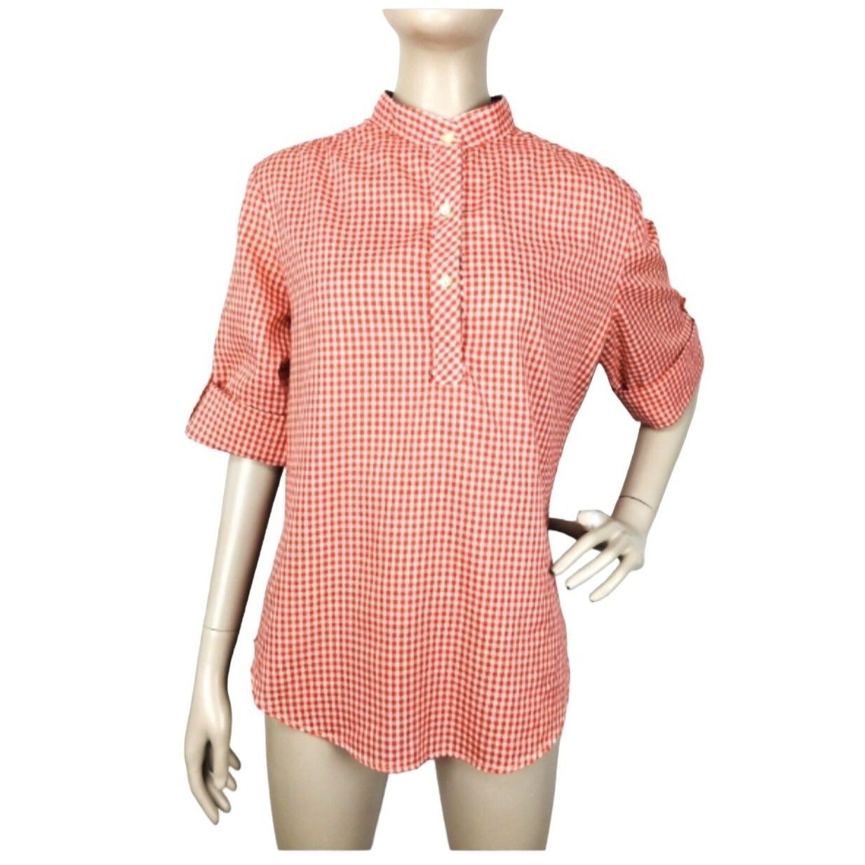 Ms Paquette Vintage 70s Western Farmhouse Check Pullover Roll-Tab Sleeve Top