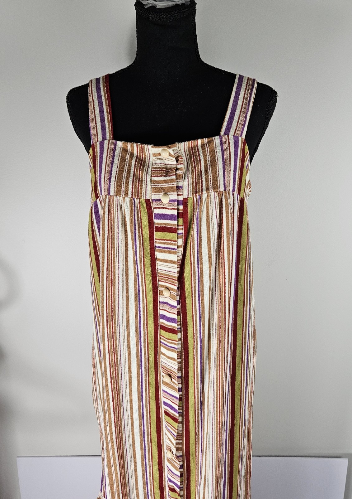 60s 70s Vertical Stripped Long Sundress Ruffled Skirt Cover up Boho Hippy Sz M