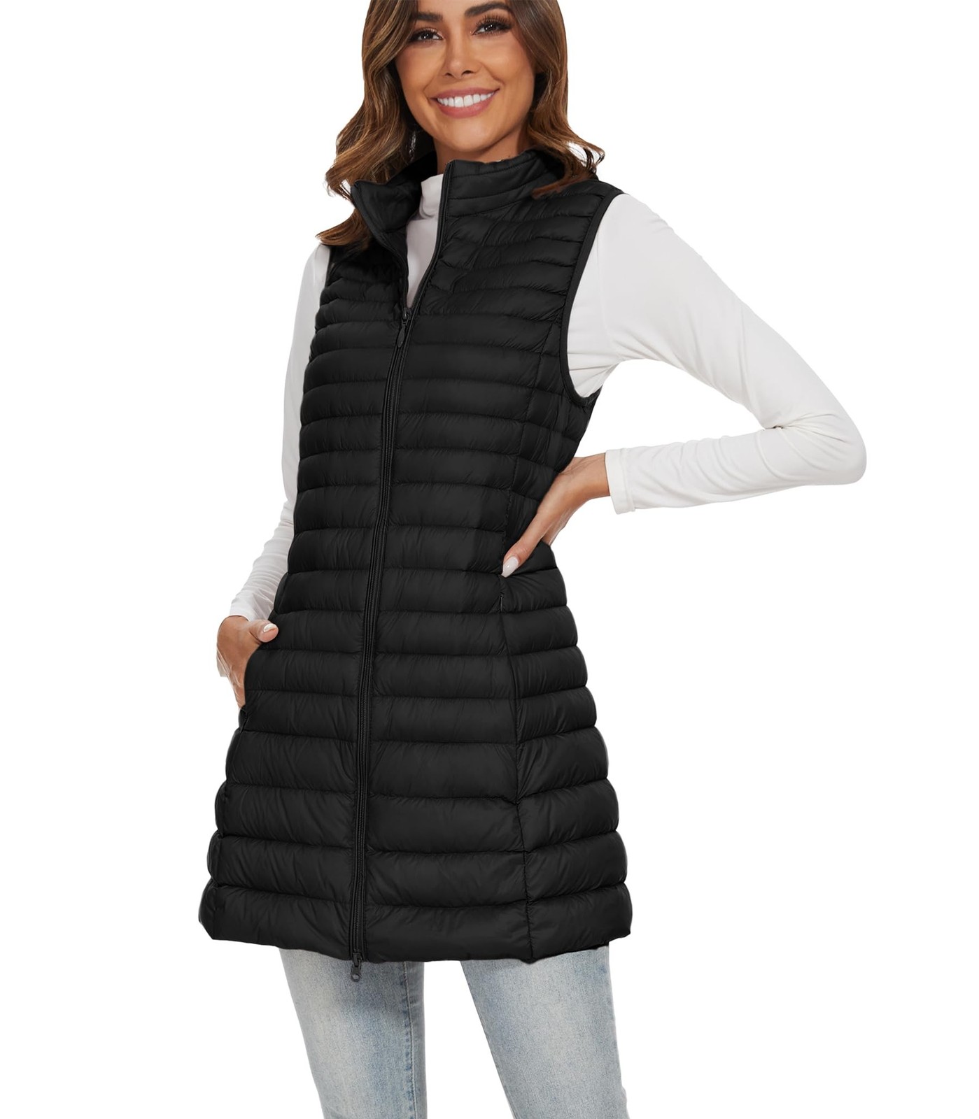 Long Puffer Vest for Women Winter Lightweight Down Vest Black Womens Vests Ou…