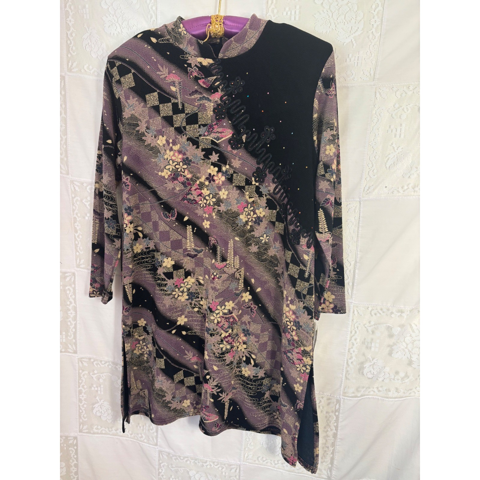 VTG NWT Asian Inspired Black Butterfly Artsy Cheongsam Mini Dress Size L