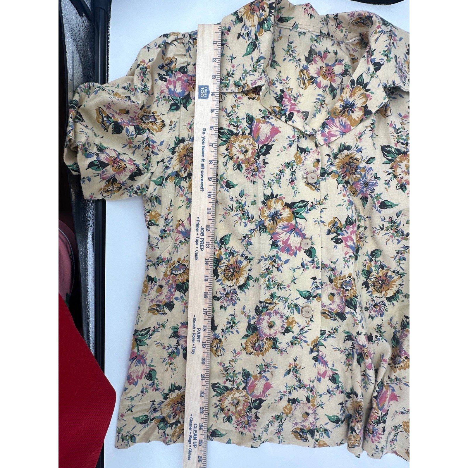 Vintage Floral Button Up Blouse Short Sleeve Beige Pink Cottagecore Top No Tag