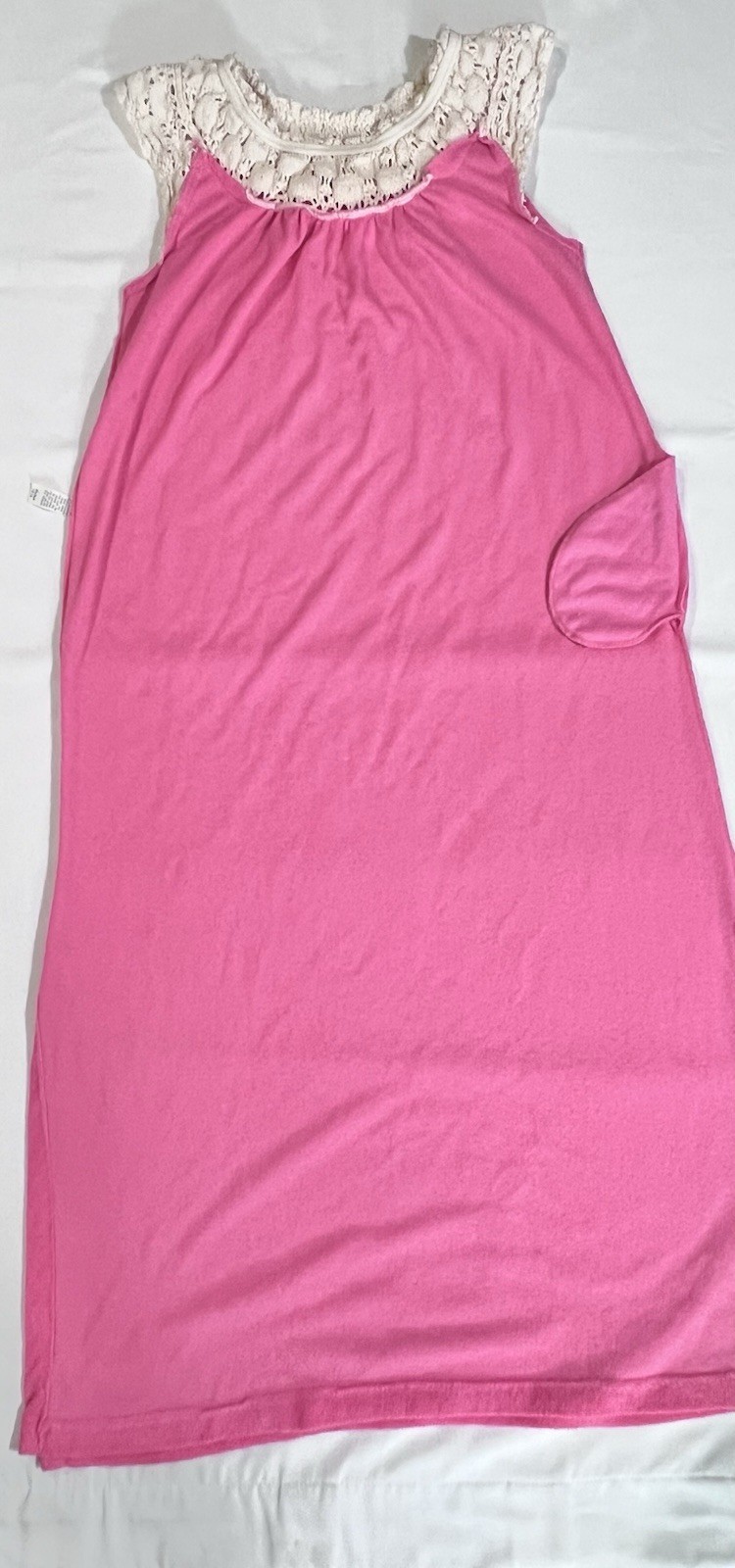 Vintage Hot Pink Terry Cloth Crocheted Lace Summer Dress Swim Cover Up 70s Mod