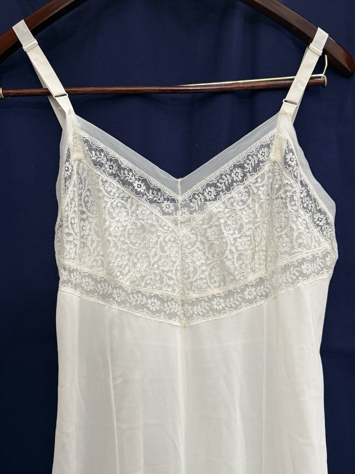 VTG Ivory Lace Slip Dress Pleated Ruffle Hem Nylon Coquette Bridal Midi