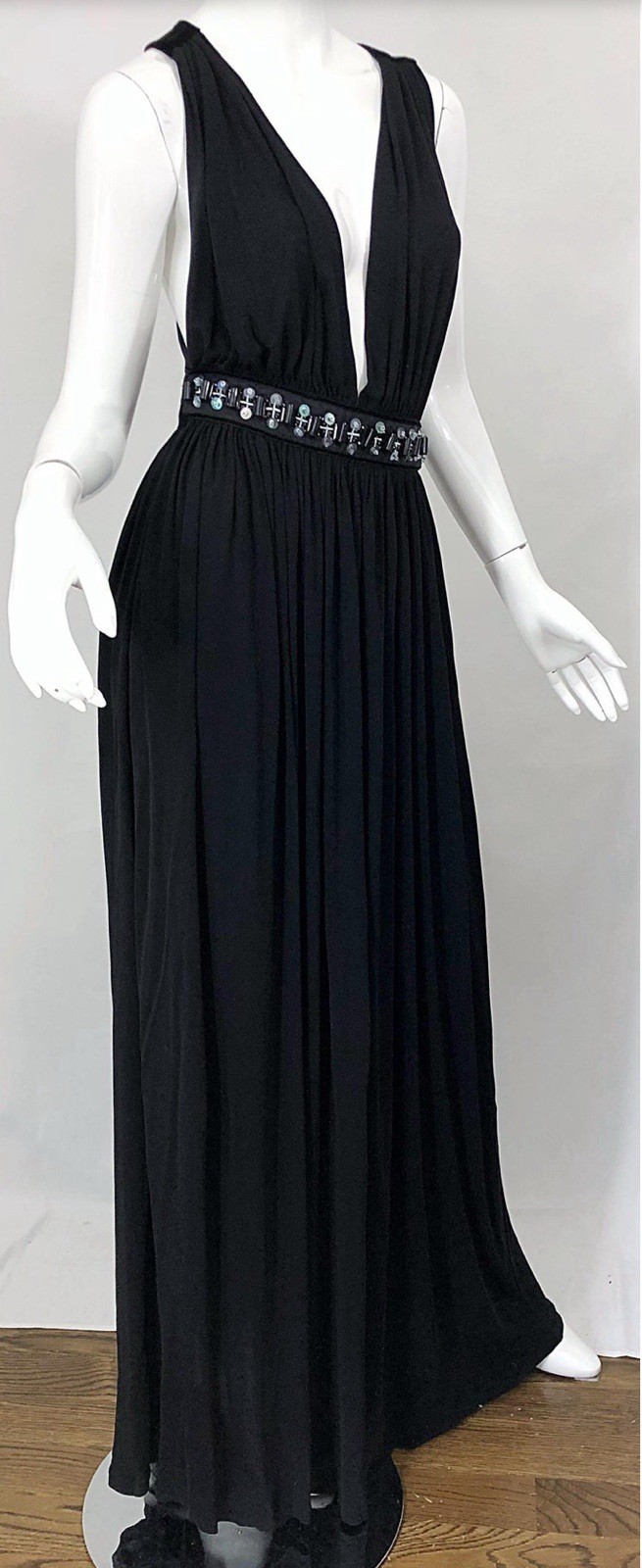 1990s Dolce & Gabbana D&G Black Plunging Sexy Beaded Sleeveless Vintage 90s Gown