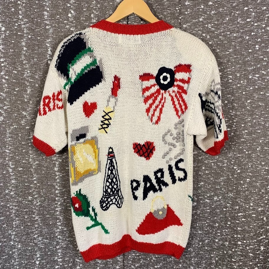 Vintage 90s The Eagles Eye Paris Cardigan Sweater Knit Short Sleeve Novelty Sz M