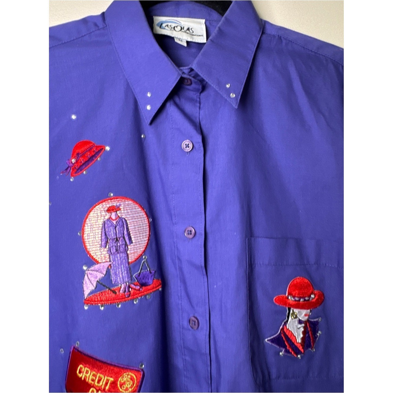 Vintage Las Olas Purple Novelty Embroidered Button Shirt Rhinestone Art Blouse M