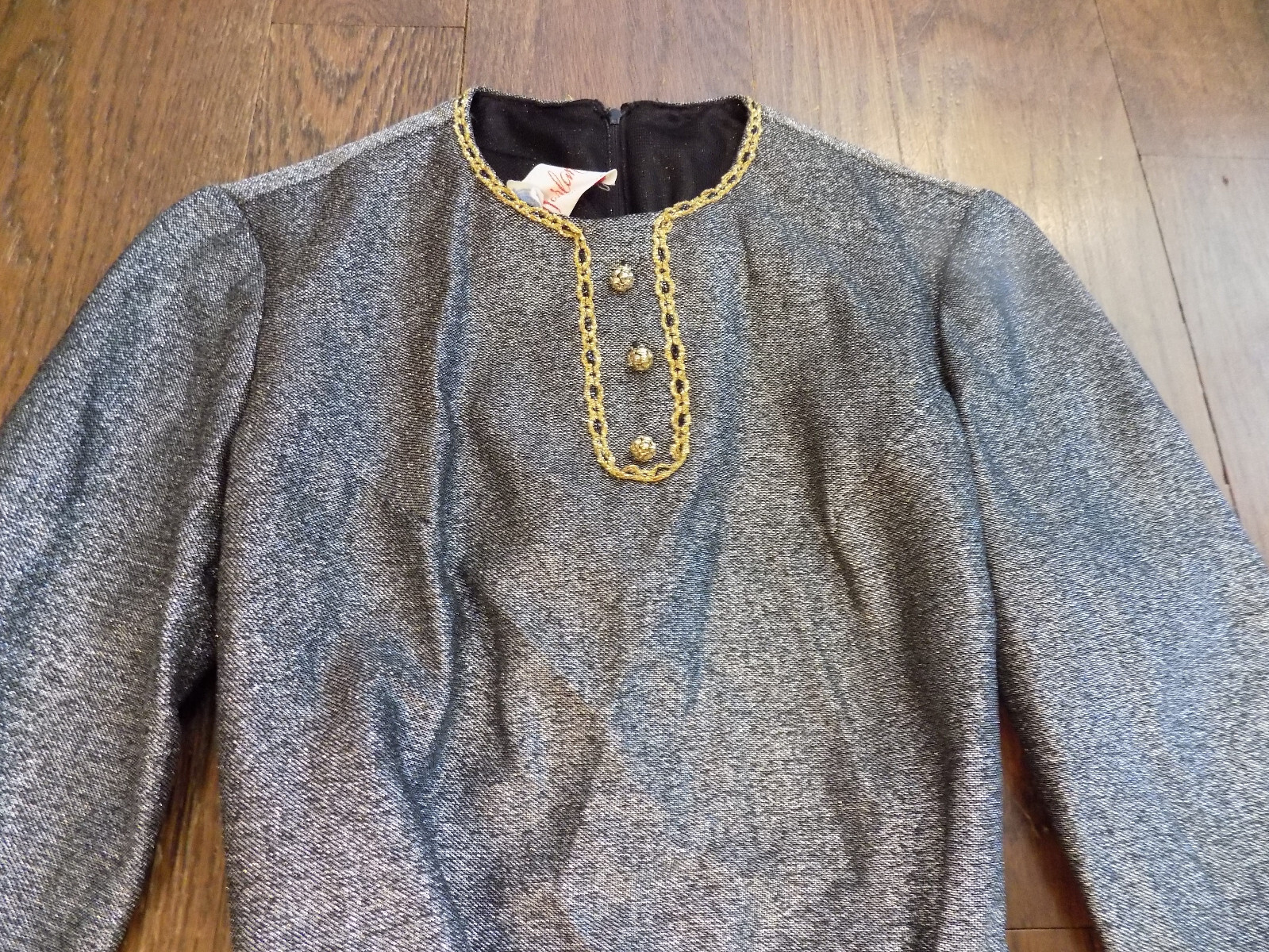 Vtg FAB Shimmer Silver Lame Dress J Harlan Mod Mini Tie Belt Gold Lace Trim Sz S