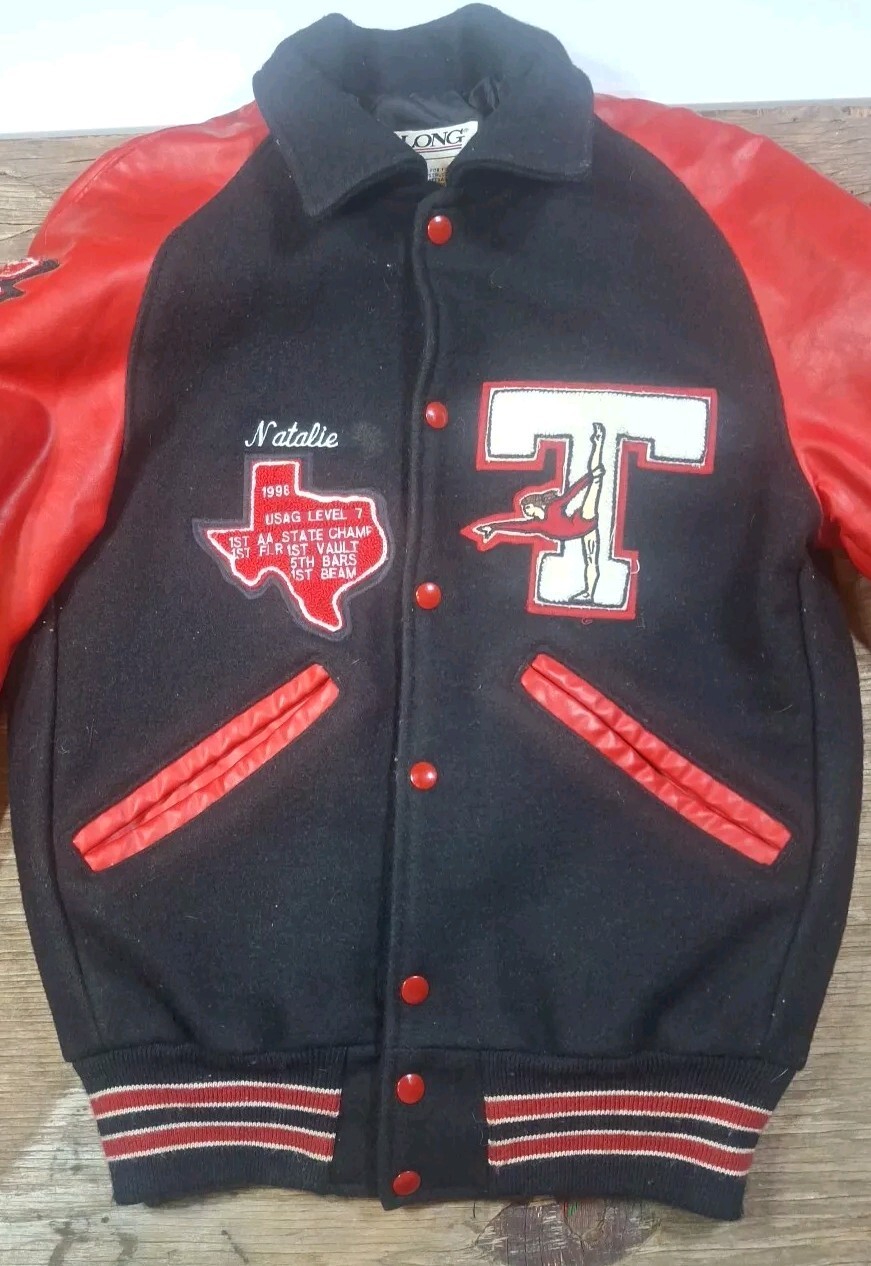 2 VTG DeLong Varsity Jackets Trinity Trojans Texas Gymnastics Sz XS Red Black