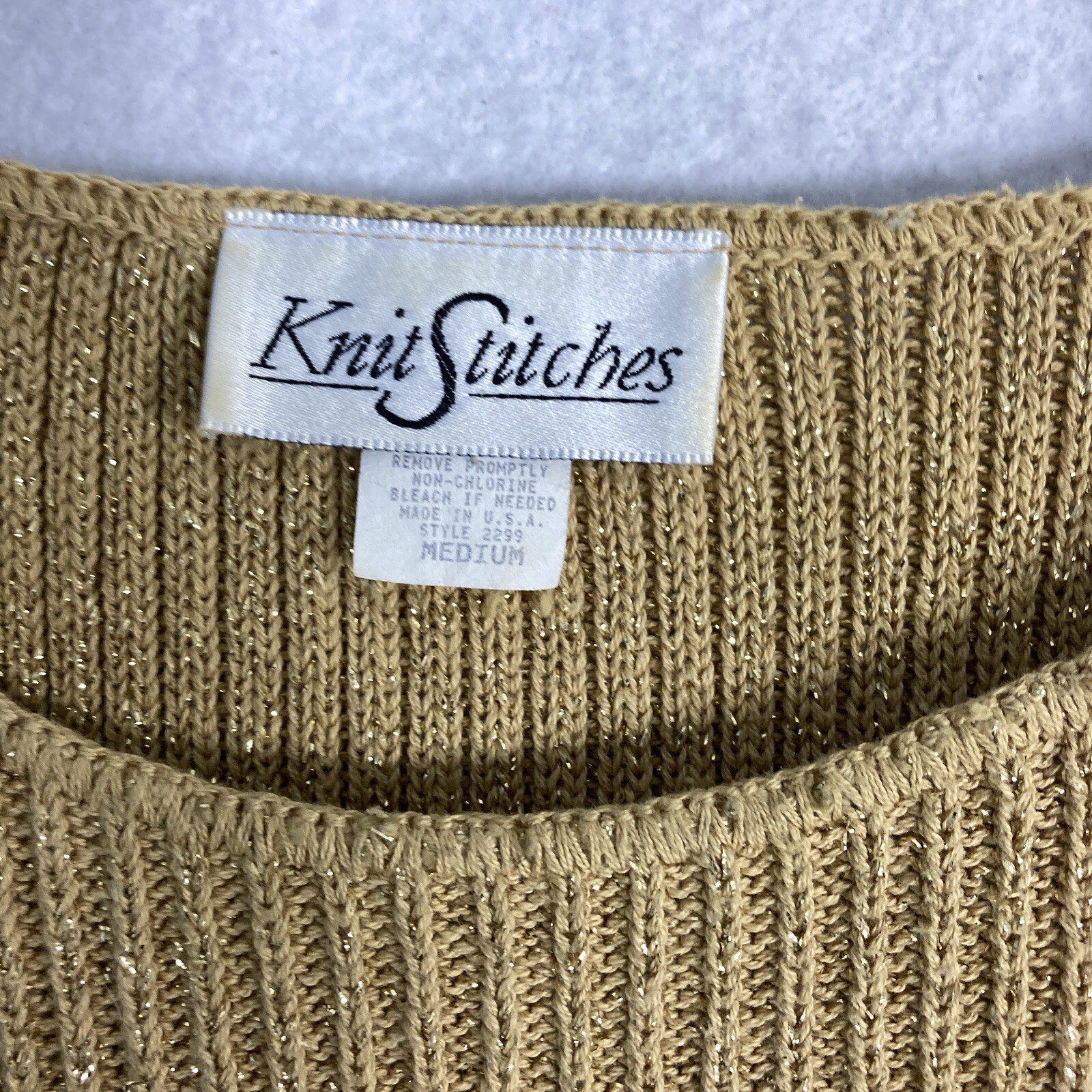 VTG Gold Ribbed Sweater Knit Womens Size M USA Knit Stitches Metallic L/S 90s