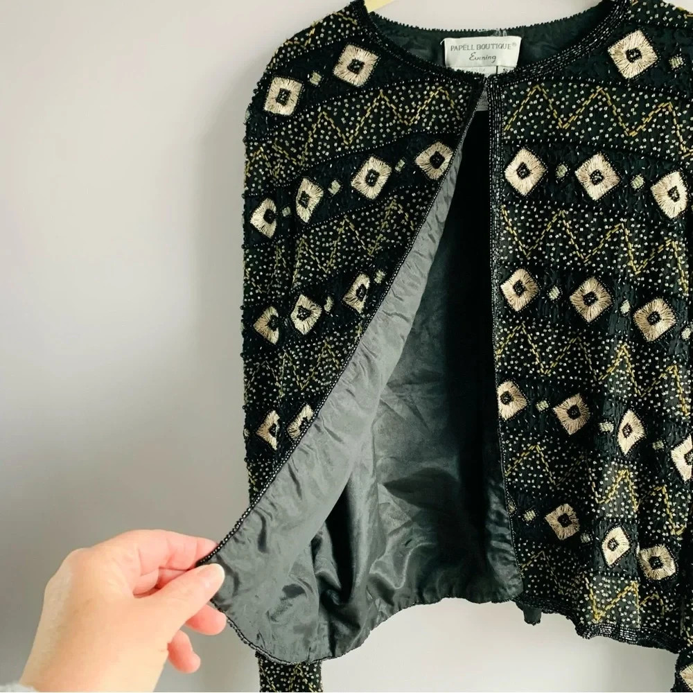 Vintage Silk 'Papell Boutique; Beaded Evening Jacket Black Silver Gold Luxury S