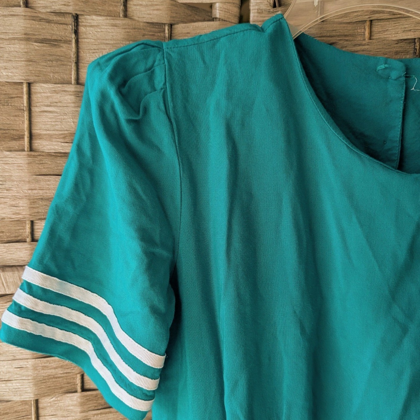 Vtg 80s Teal Striped Nautical Midi Fit & Flare Dress Pleated Short Sleeve Sz 4