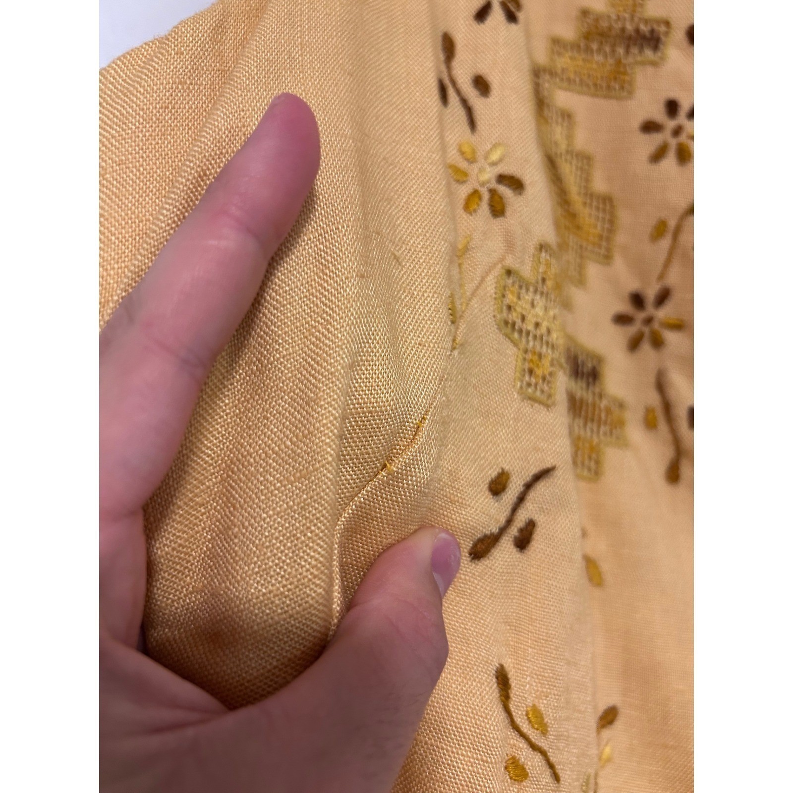 Vintage 60s Mustard Yellow Embroidered Linen Shift Dress Sleeveless Boho Mod S