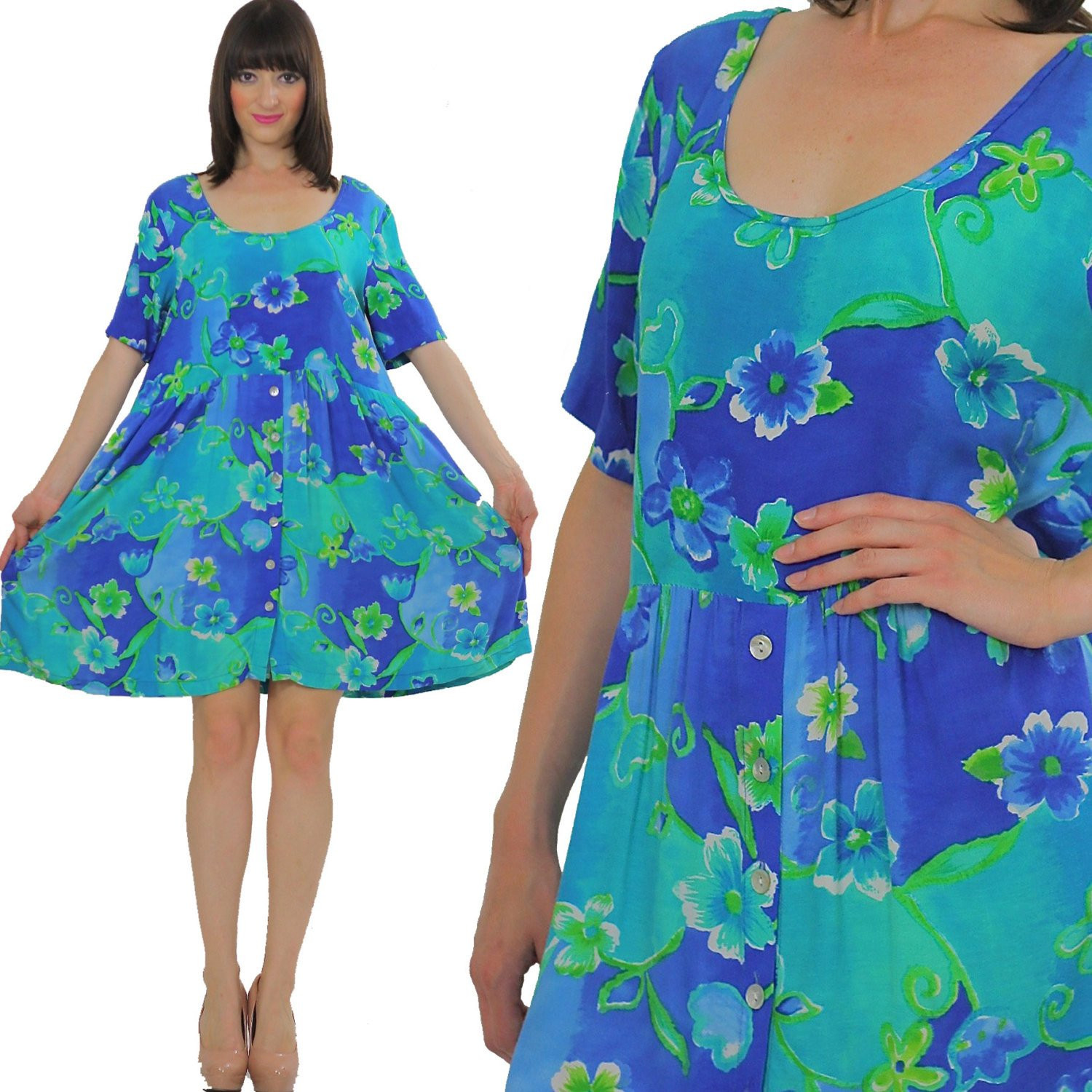 Vintage VTG 90s Grunge dress Boho Hippie blue neon floral mini dress