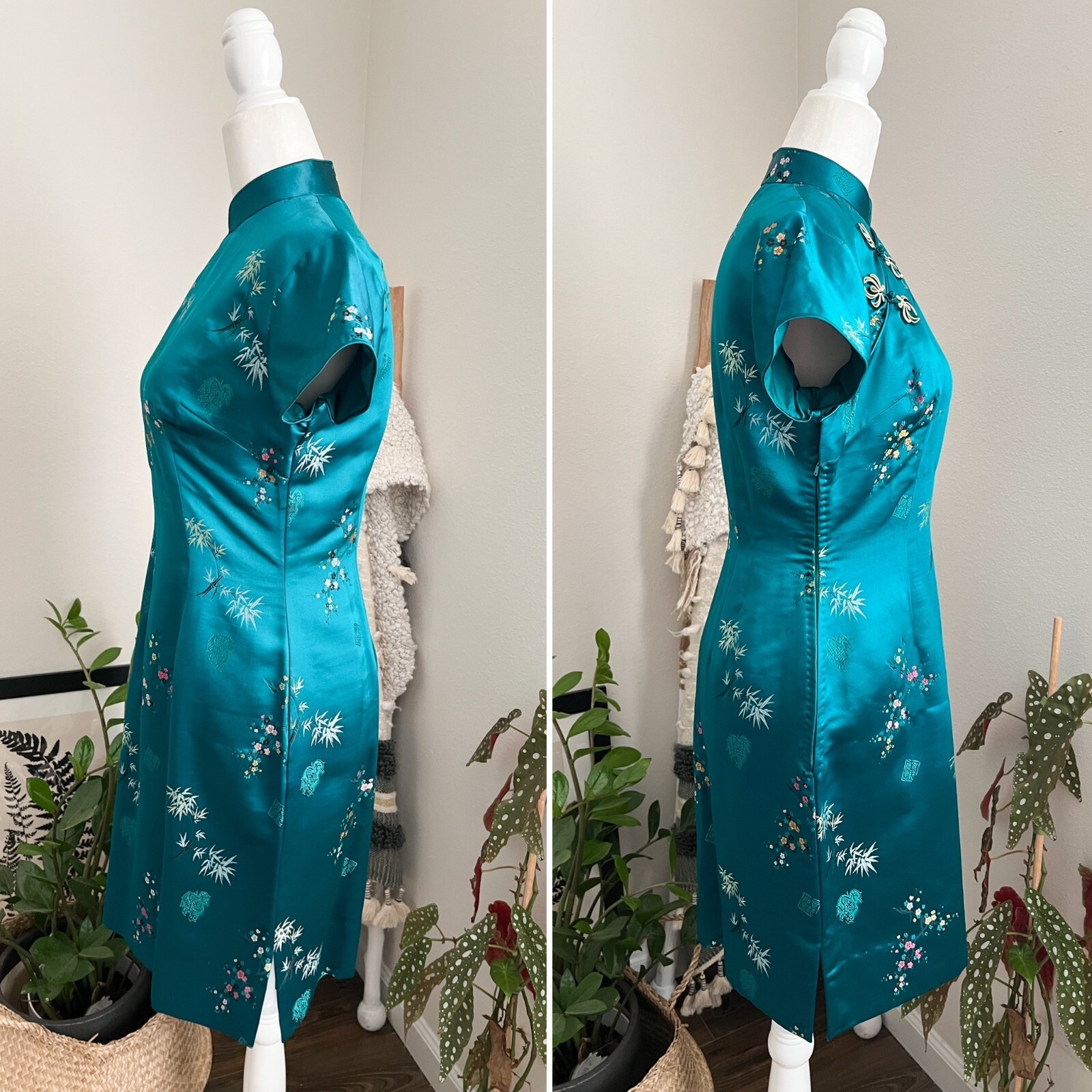 Vintage 1960’s Silk Blue Green Hue 60s Cheongsam Qipao Dress Floral Embroidery