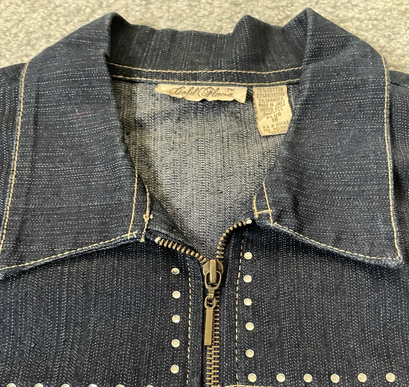 Vtg 80s Beaded Full Zip Jean Jacket Womens 16W Blue Chambray Rhinestones Classic