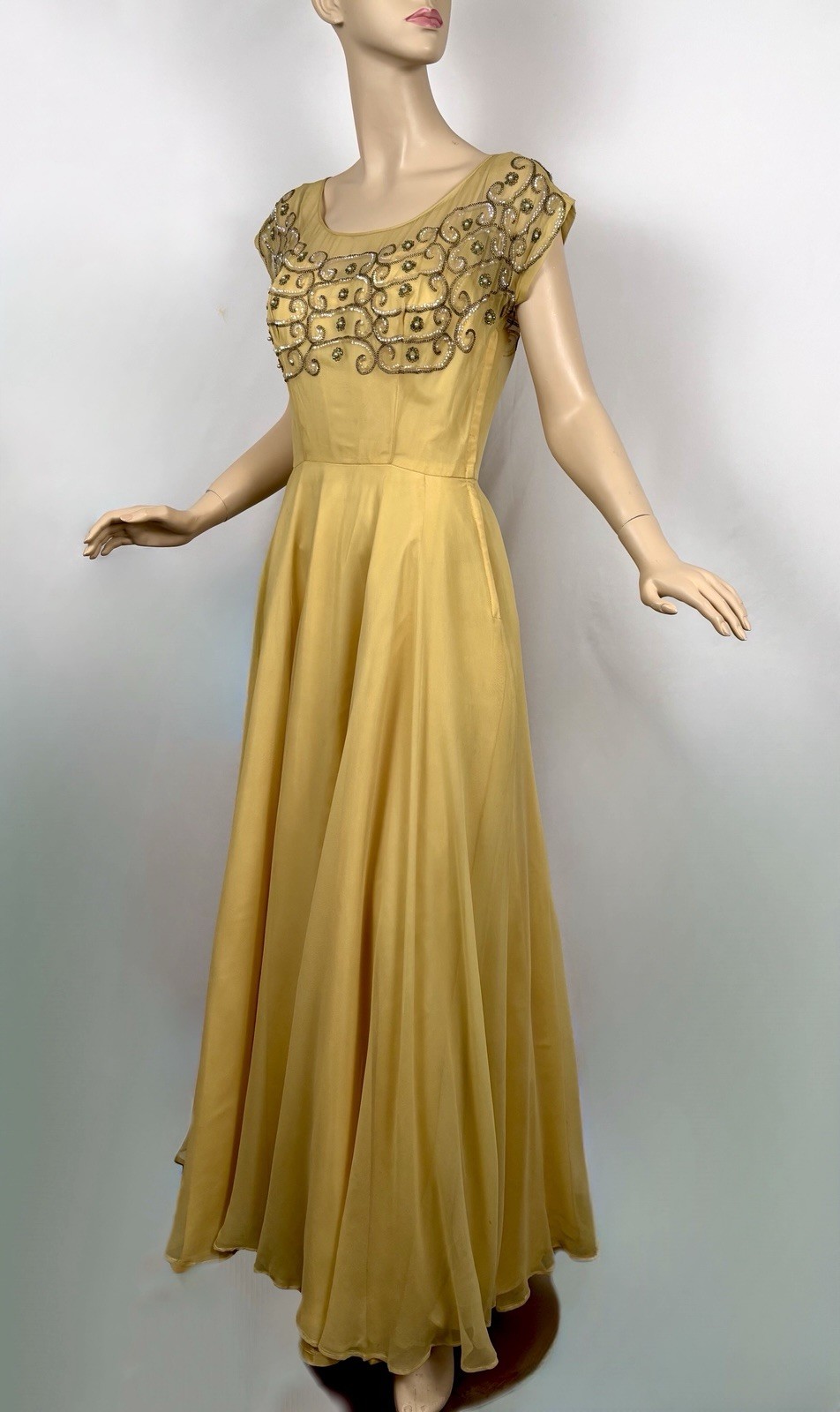 Vintage 40s Goldenrod Silk Chiffon Evening Gown Rhinestones, Sequins, Gold Cord