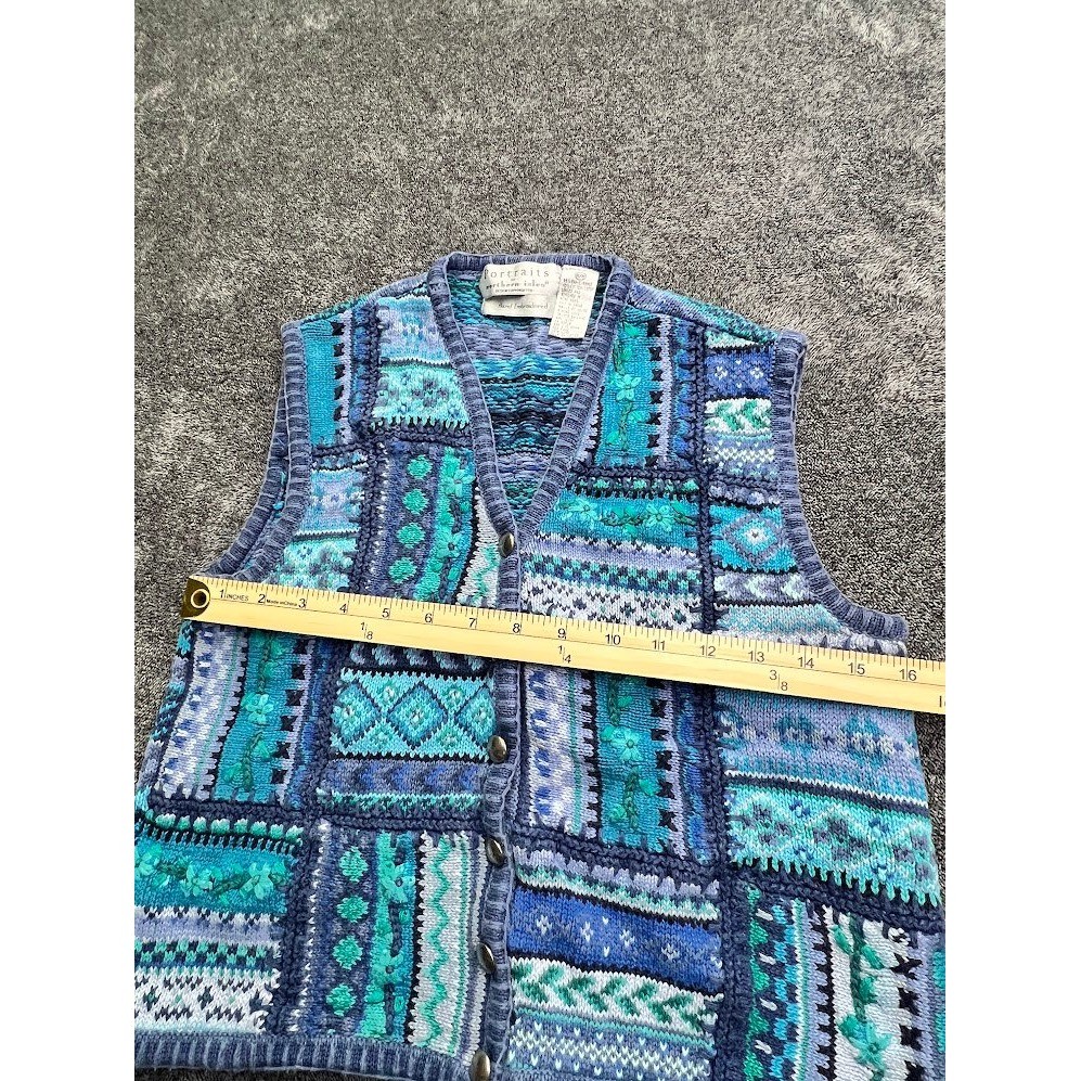 Portraits Northern Isles Vintage Blue Patchwork Floral Knit Sweater Vest Medium