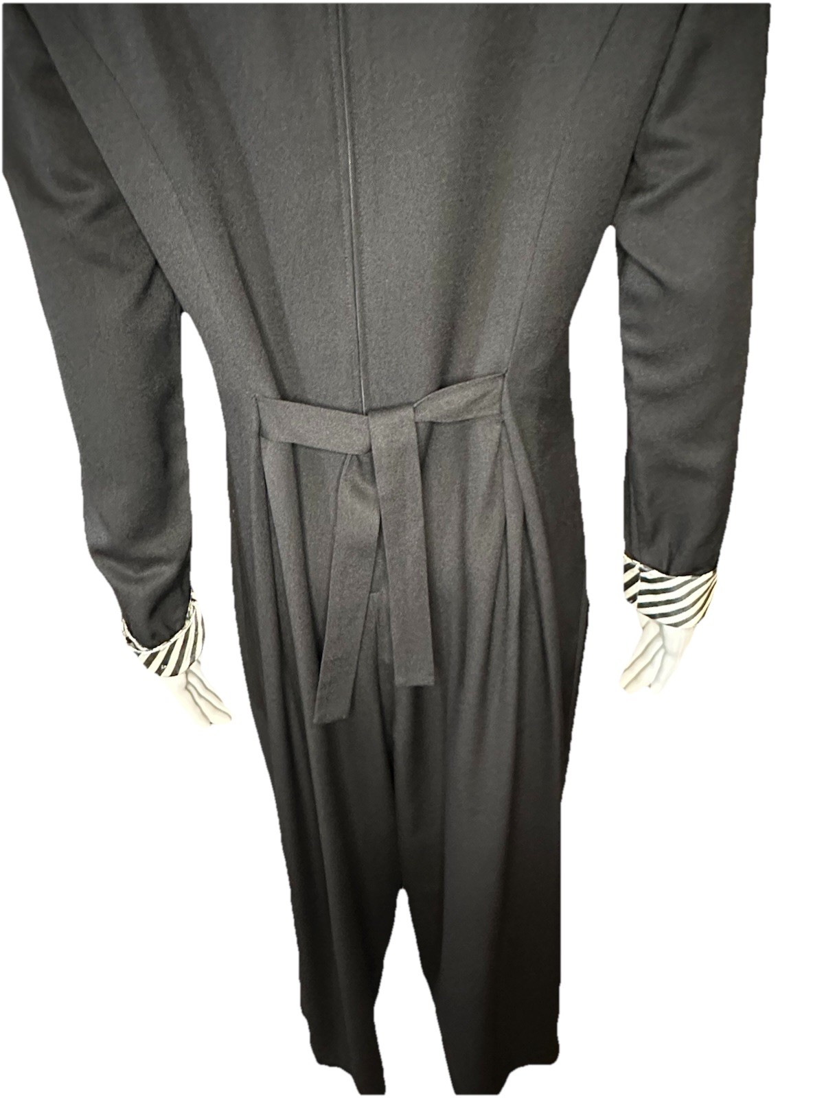 Vintage Black Striped Shawl Collar Wide Leg Palazzo Tie Back Tuxedo Jumpsuit