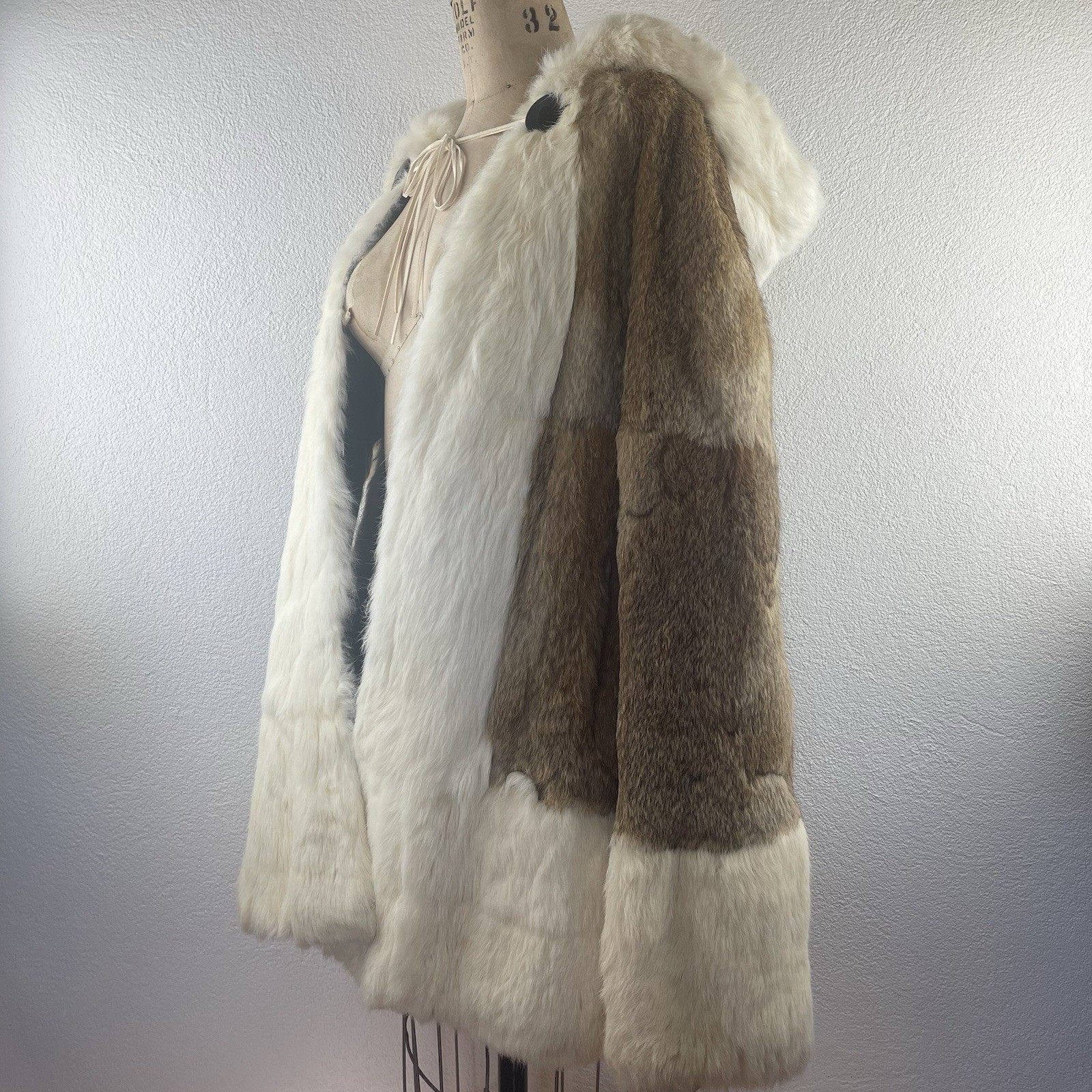 Vintage l 60s Mod Hippie Festival Two-Tone Rabbit Fur Pocket Hooded Cape Poncho