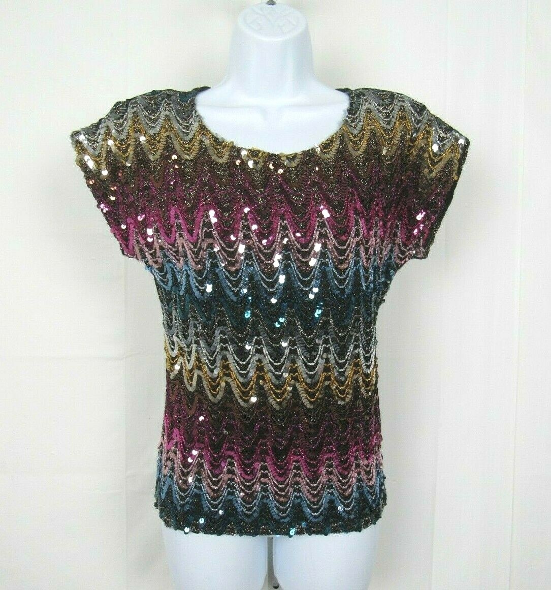 VTG 70s 80s JOSEPH II SEQUIN METALLIC THREAD GLITTER TOP MULTI COLOR DRAPED LOOK