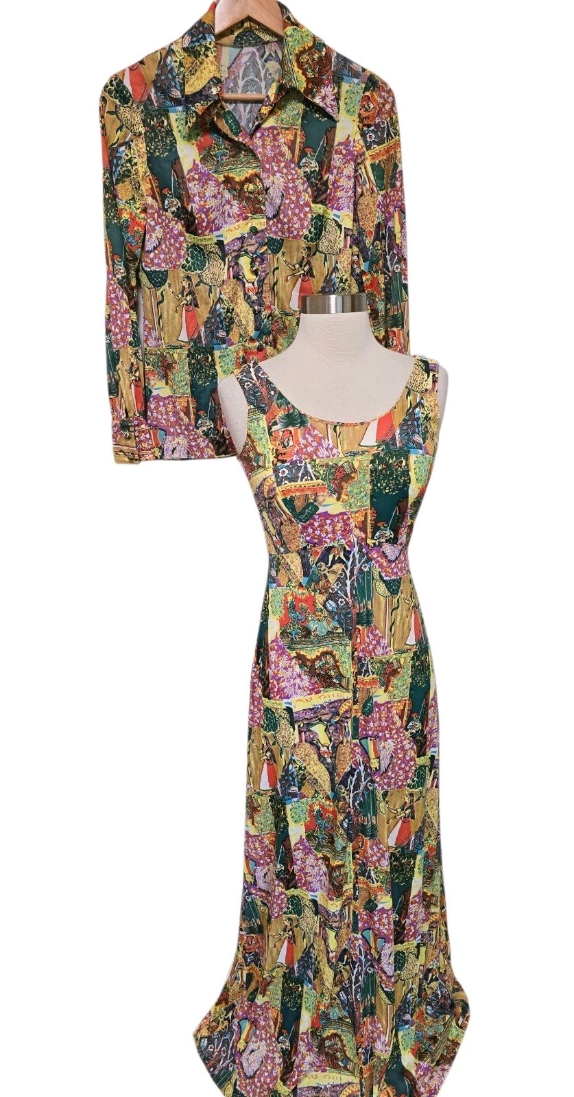 70s Vintage Long Dress Indian Gods Patchwork Print And Matching Shirt Hippie