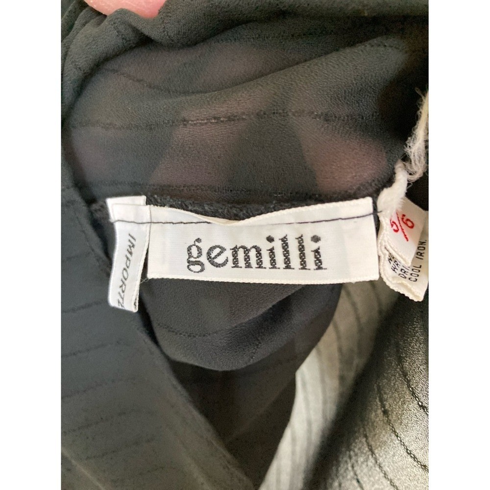 Vtg Gemilli Black Sheer Button Front Tie-Neck Blouse Size 5/6 Long Sleeve Office