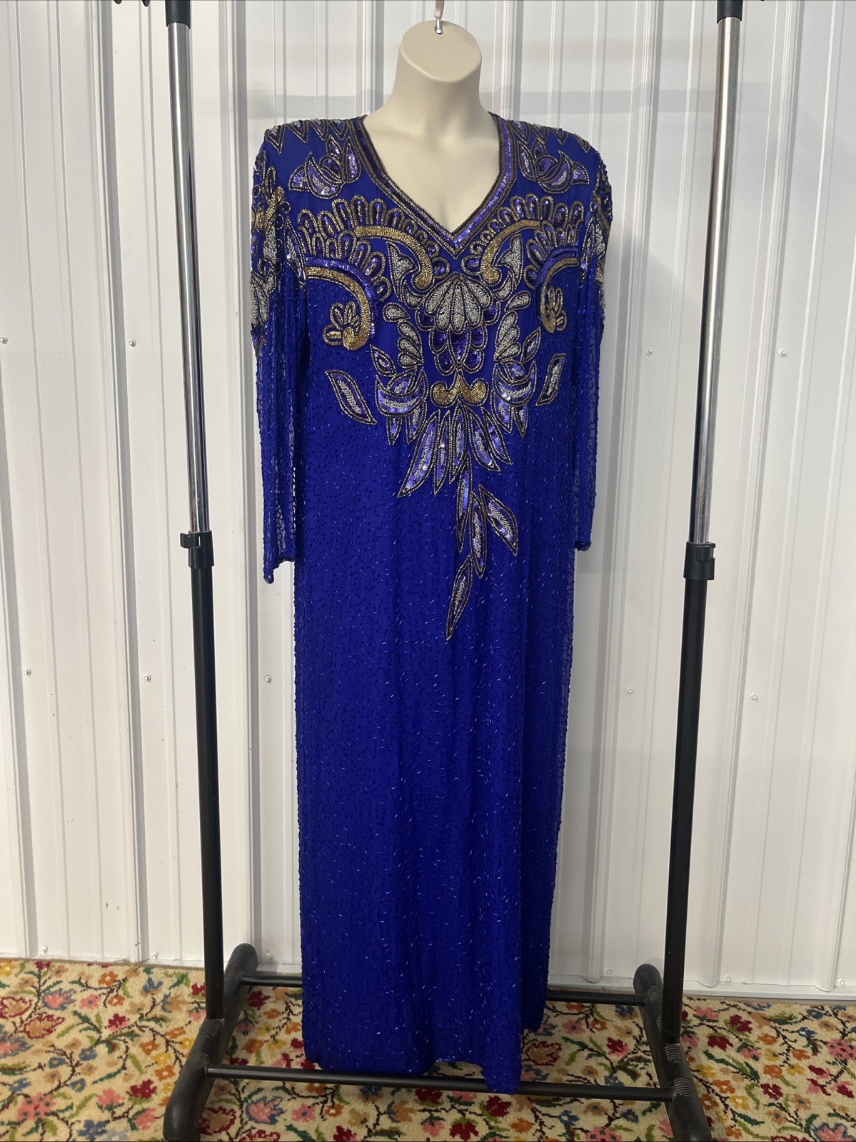 Vintage Right Choice Royal Sapphire Blue Sequin Beaded Maxi Dress 2XL Elegant