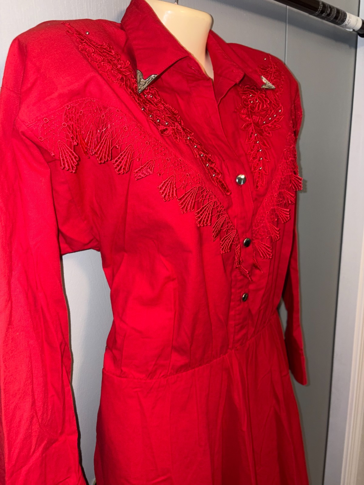 VTG Lilia Smith Smitty Dress Rodeo 11 12 Lace Country Western RED Silver Button
