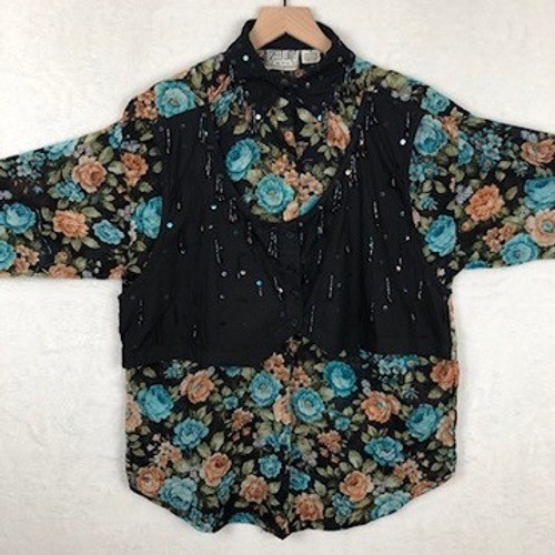 VTG Speed Limit MPH Floral Beaded Sequin Vest Overlay Shirt Women’s M Western