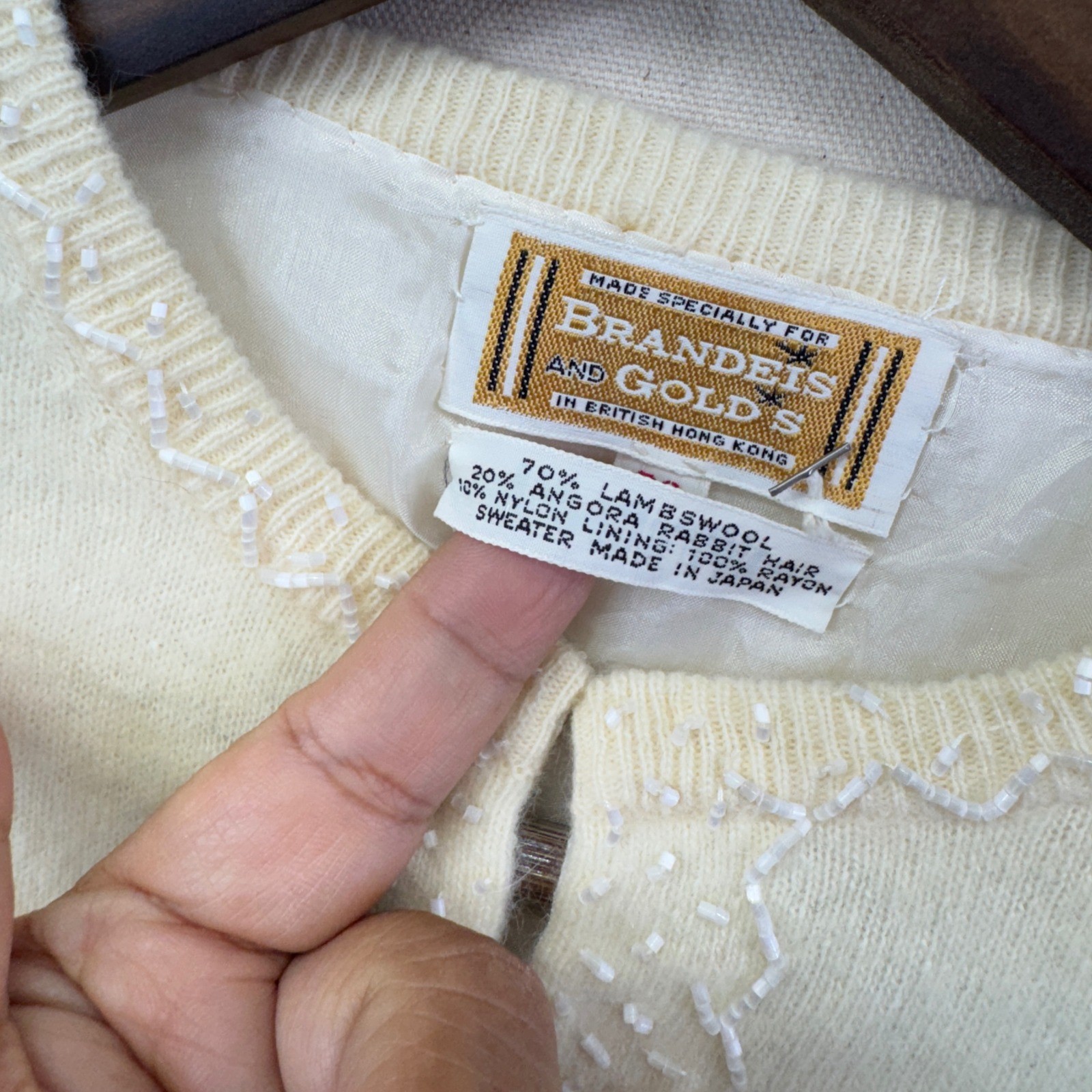 Brandeis and Golds Beaded Floral Cardigan 38 6 Pale Yellow Vintage Wool Blend