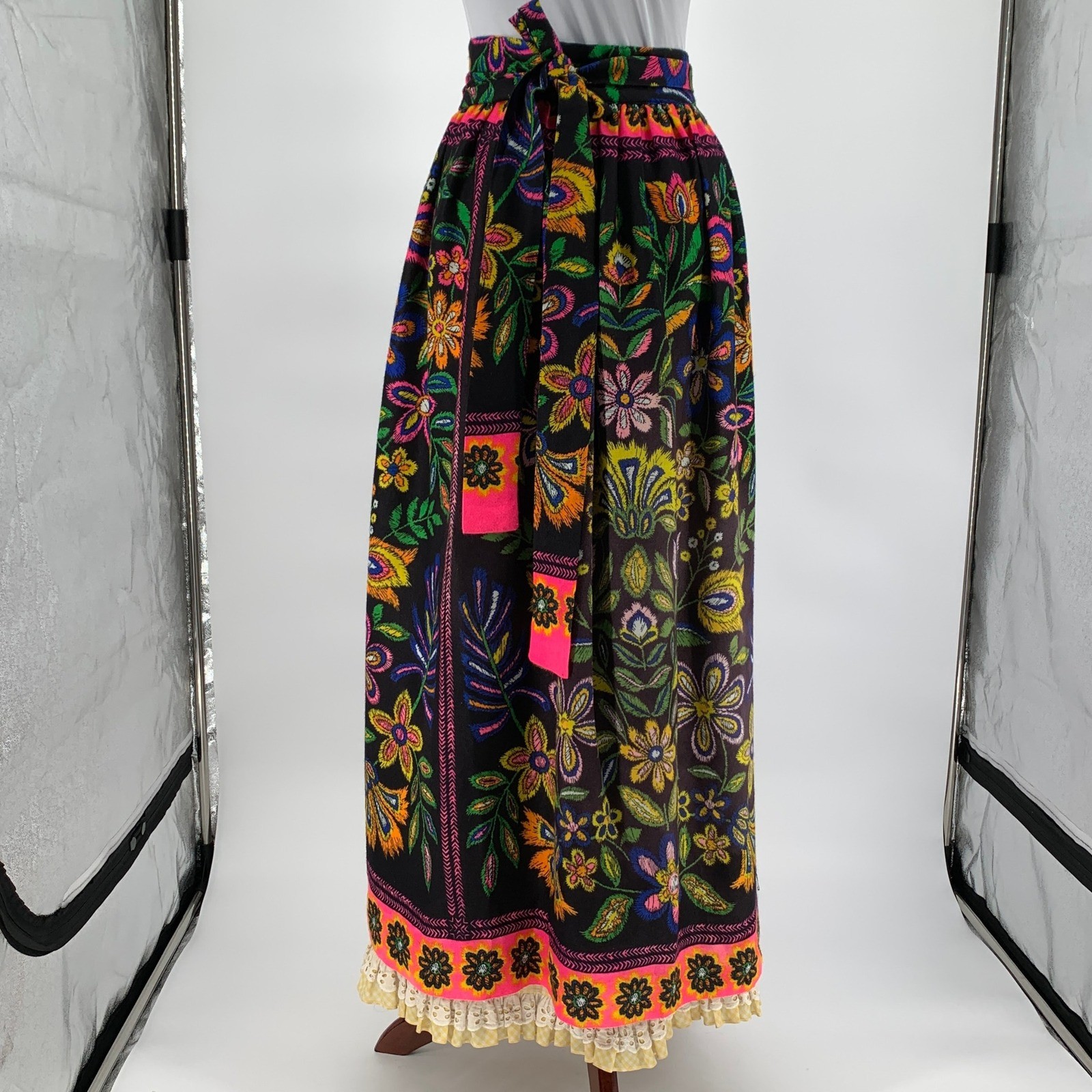 Vintage Joseph Magnin Floral Wrap Skirt Black Neon Pink Gingham Lined Boho 9