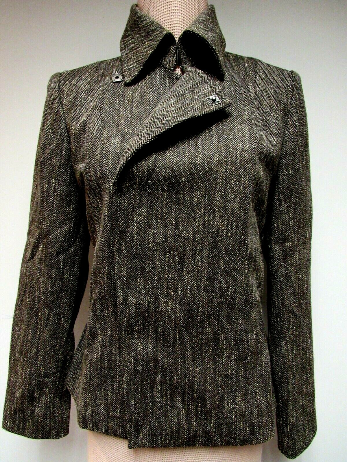 VTG COMPANY ELLEN TRACY Wool Blnd Jacket Biker Style Zipper Harris Tweed Gray 6