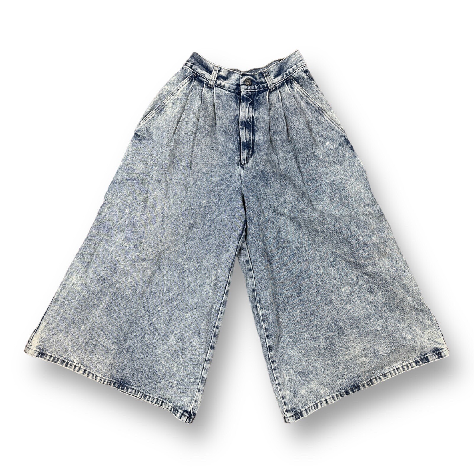 Vintage 80s Acid Wash Denim Flared Culottes Pleated High Waist 22×19 Baggy USA