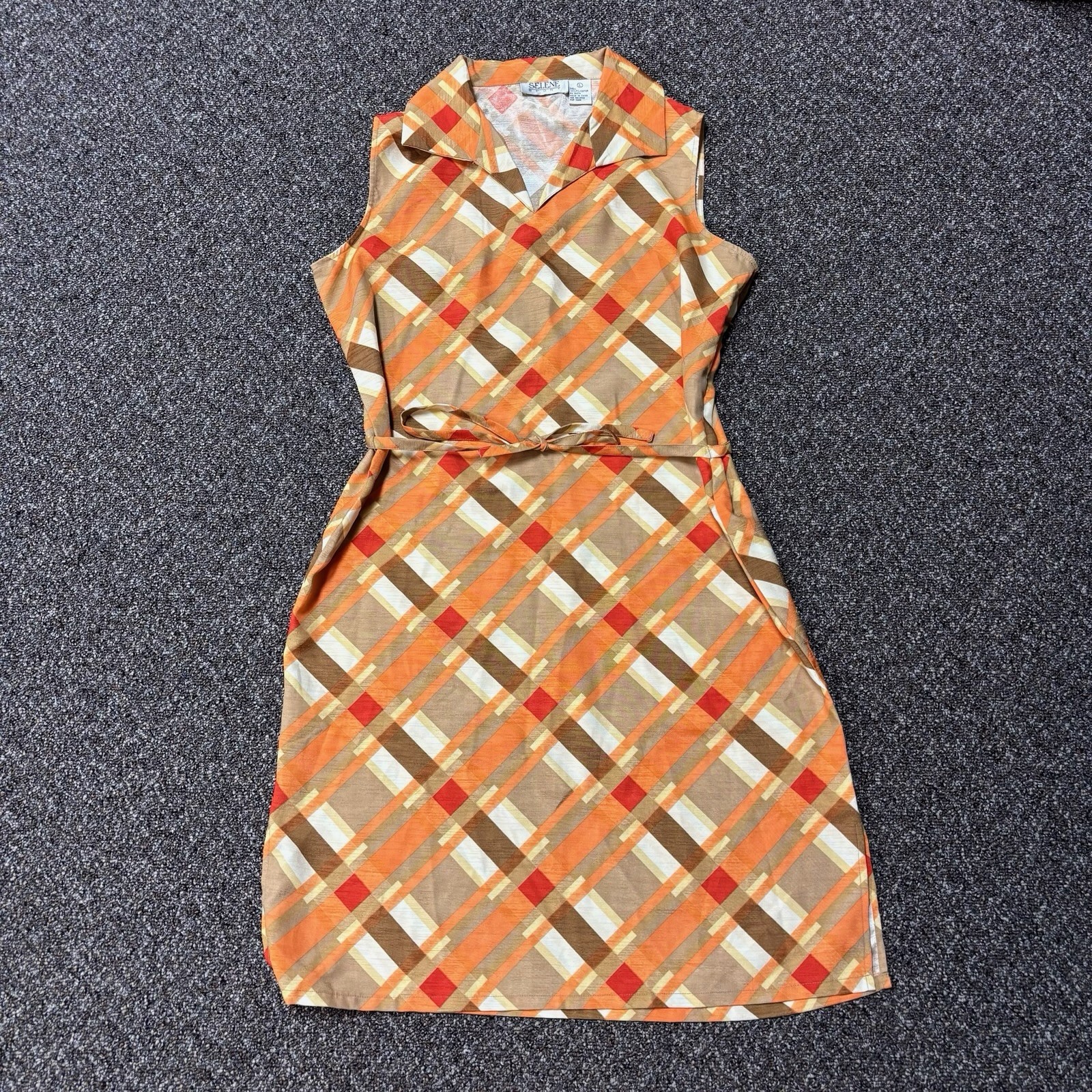 Vintage 1980s Polyester Dress Patterned Selene Sport Womans Orange Size Large