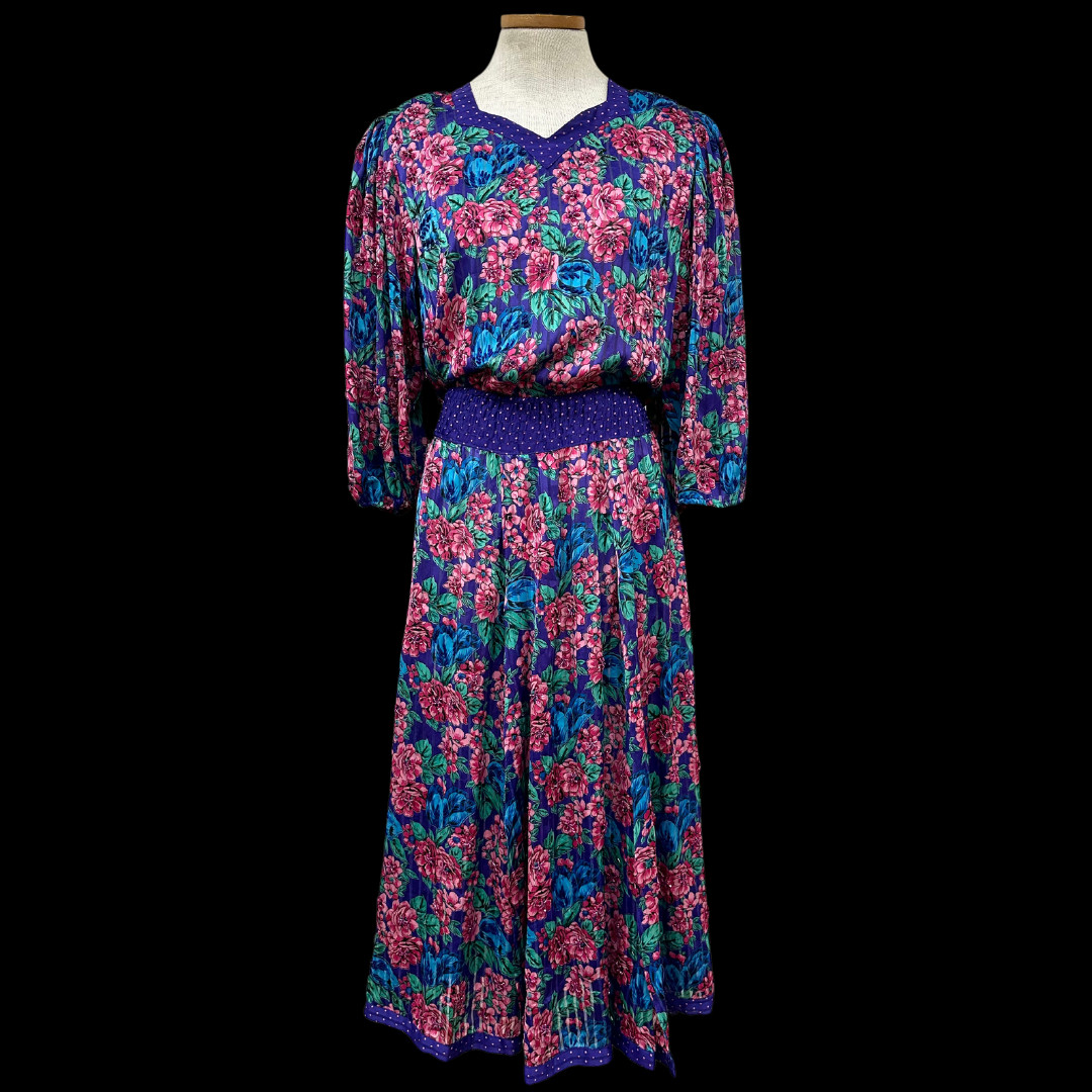 Vintage 1980s Diane Freis Beaded Purple Floral Midi Dress with Balloon Sleeves